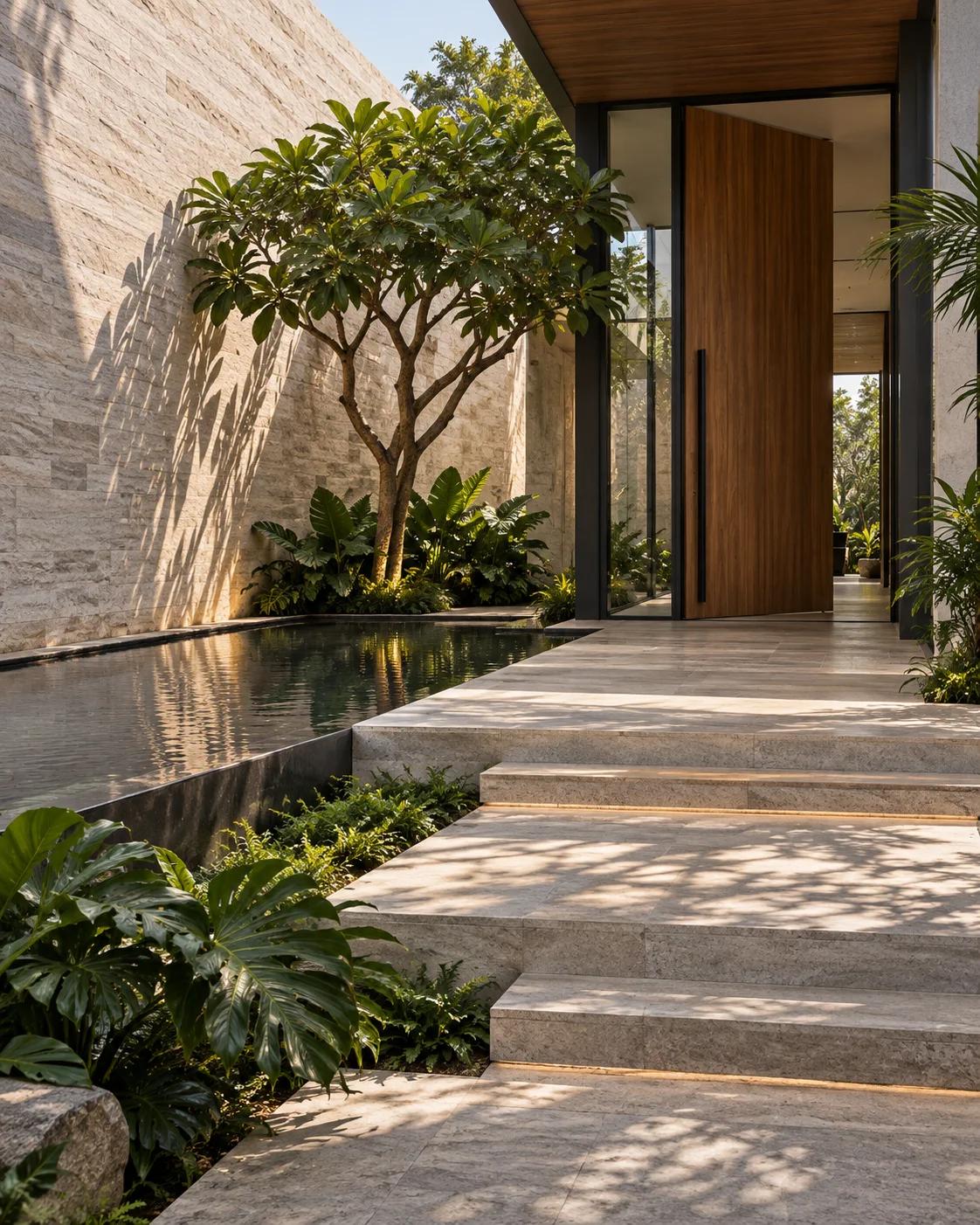 Pátio residencial com jardim e espelho d’água, imagem ilustrativa