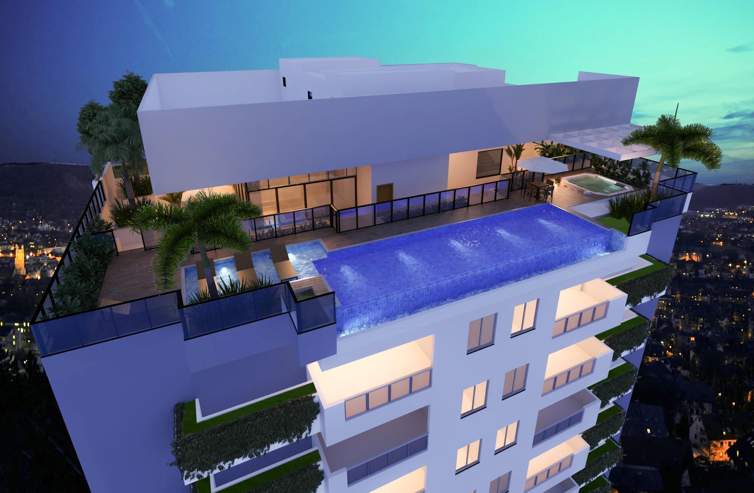 Vista aérea 3D do rooftop com piscina iluminada, spa e área de convivência