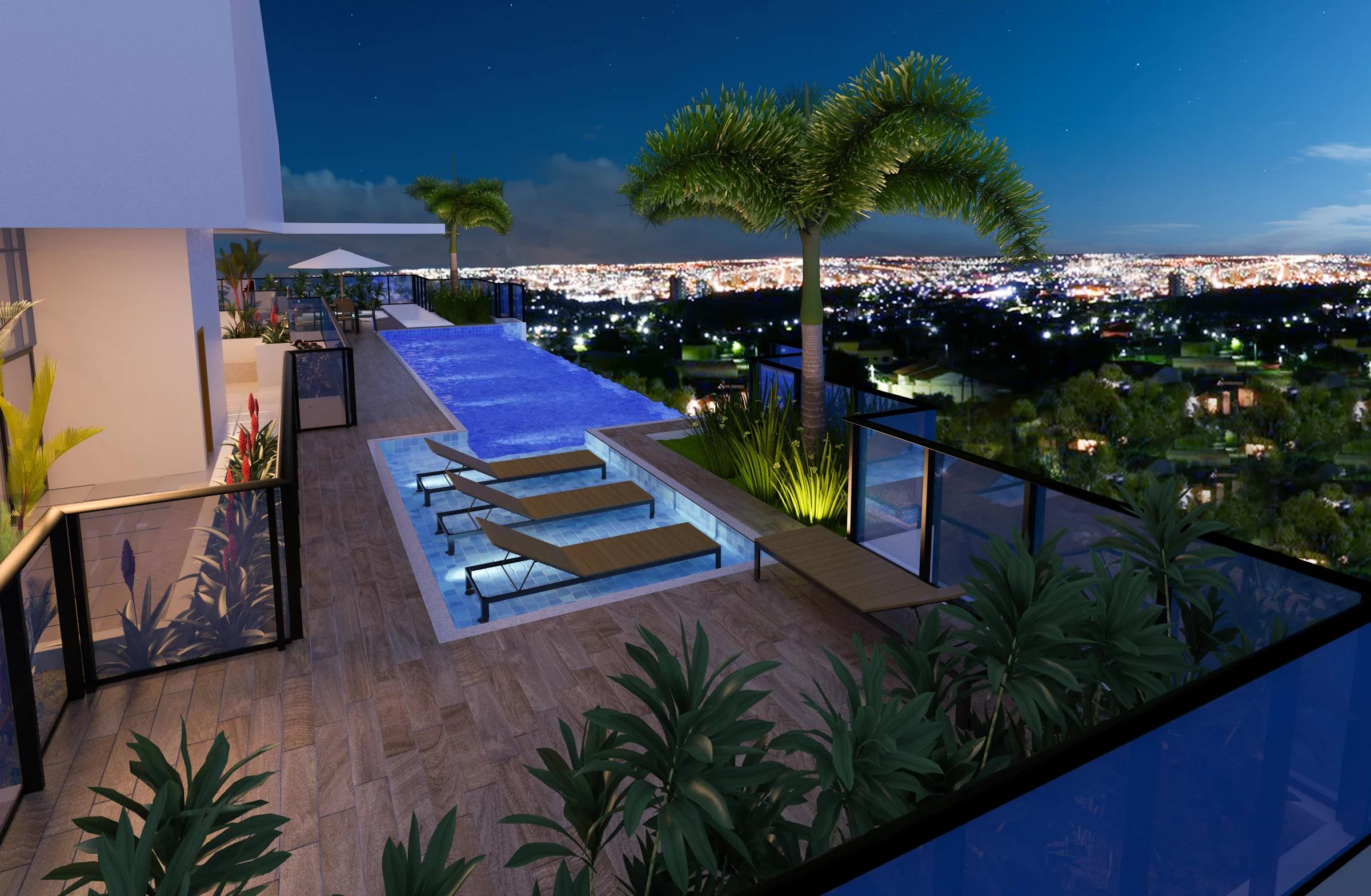 Piscina no rooftop com deck molhado, espreguiçadeiras e vista panorâmica noturna