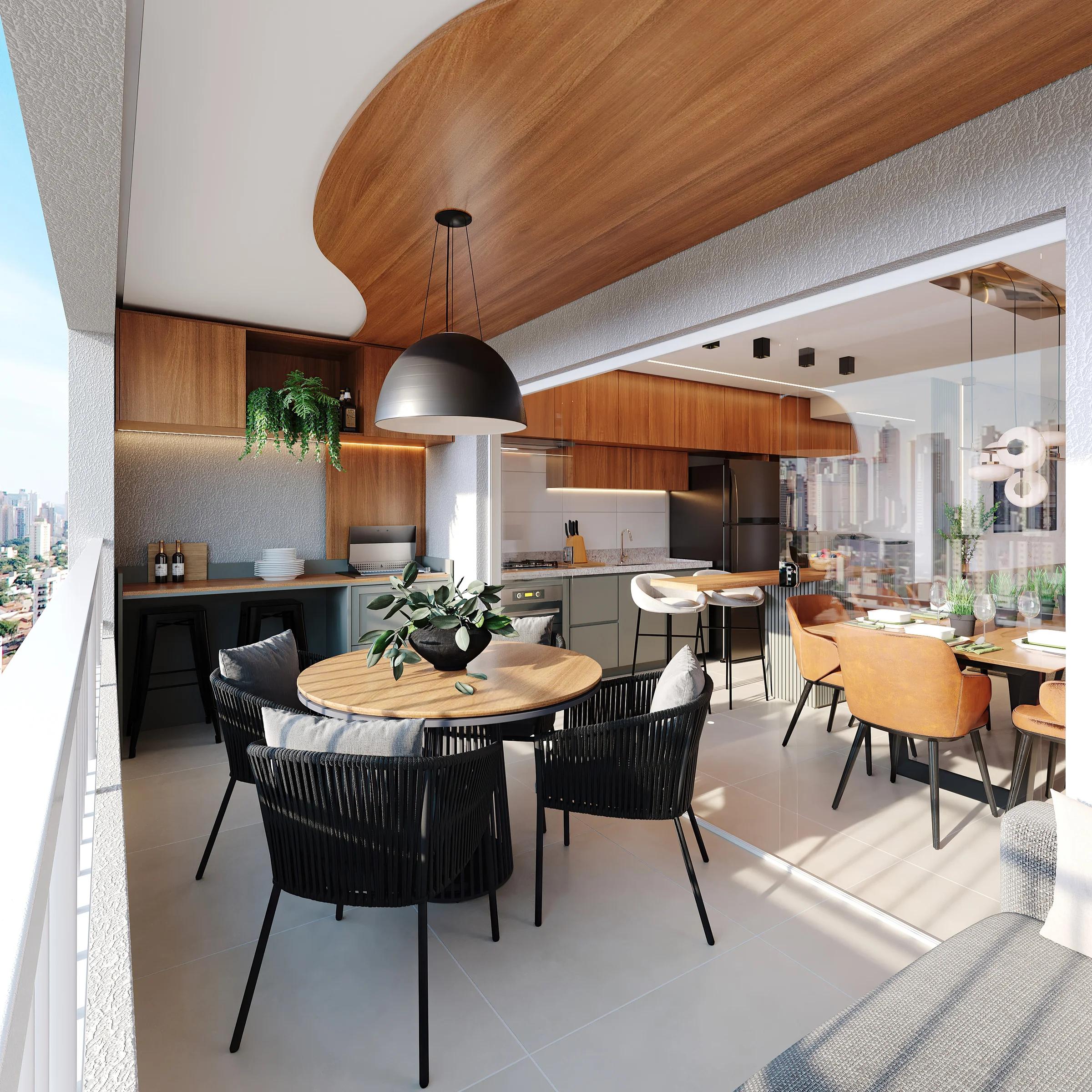 Varanda gourmet integrada do apartamento de 116m² com mesa redonda, churrasqueira e vista da sala de jantar