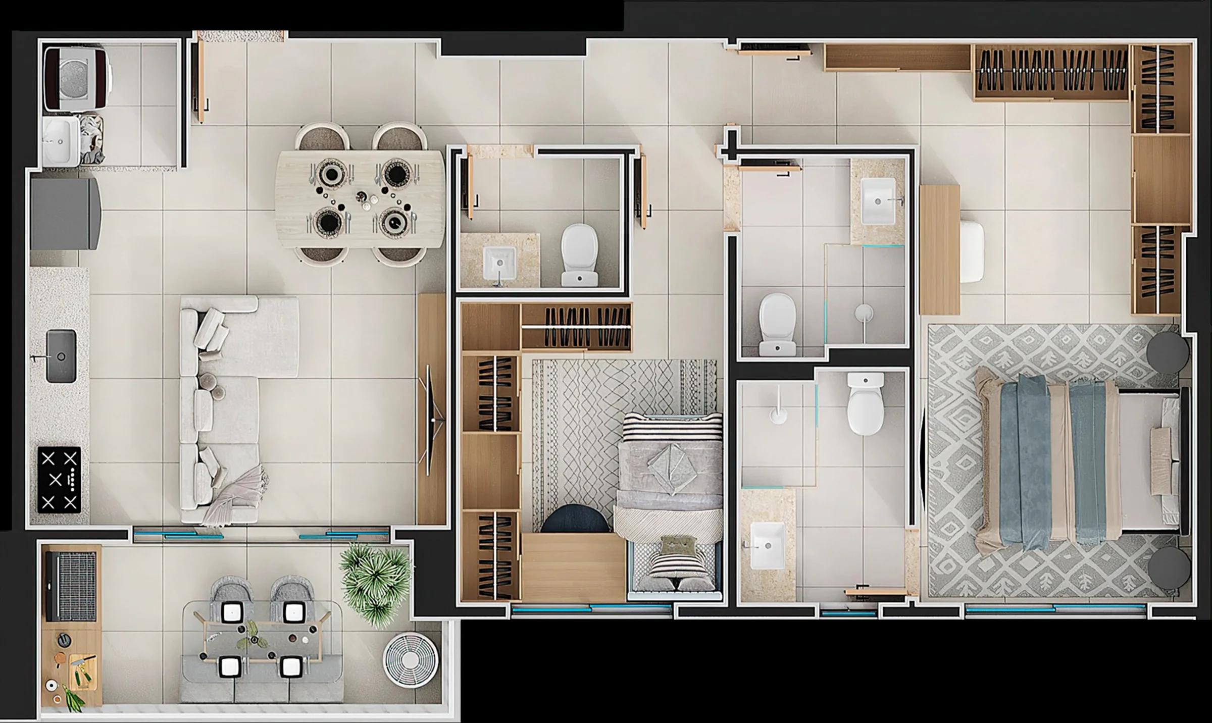 Planta — Apartamento 76m² - 2 Suítes — Final 4A