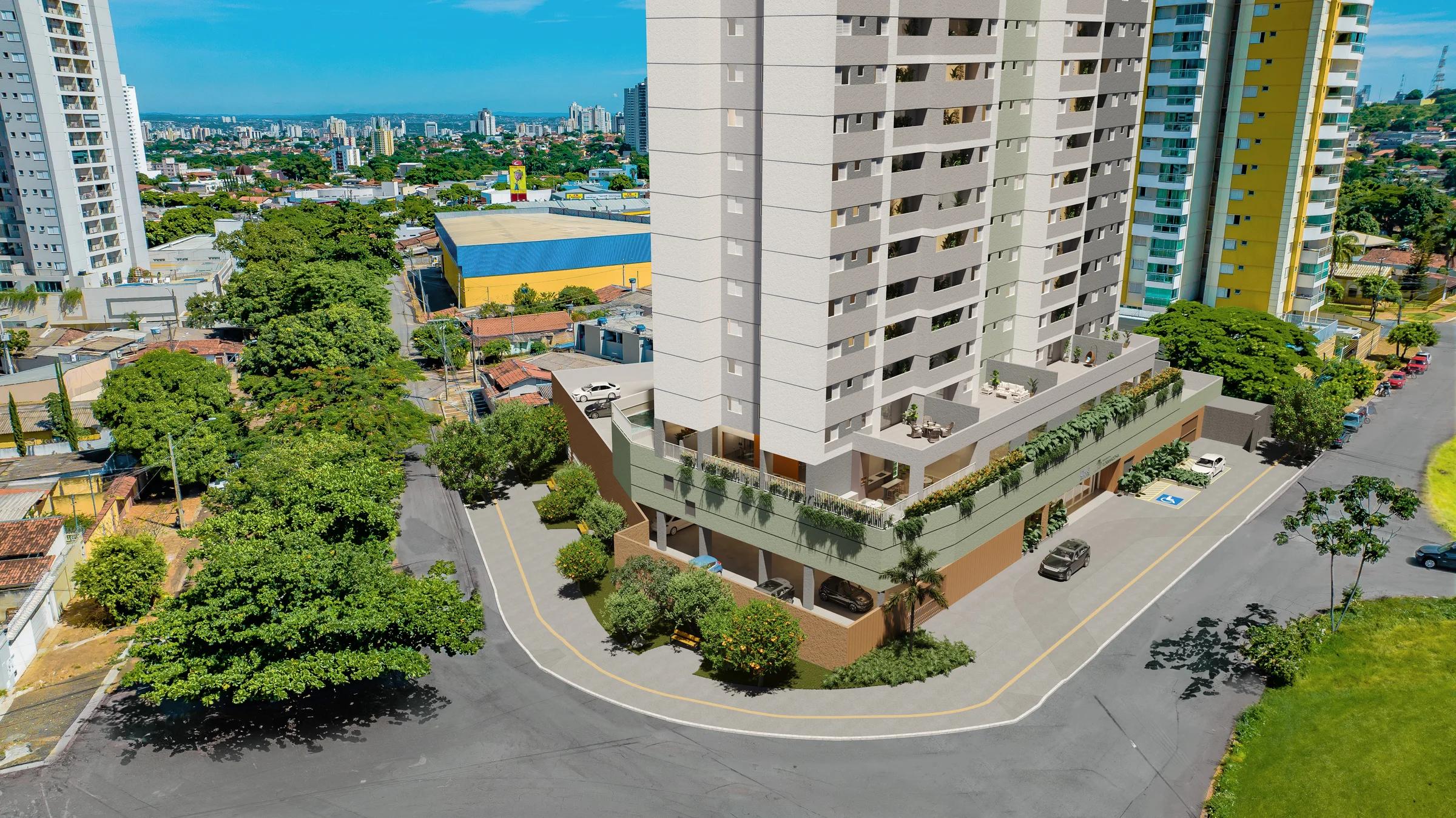 Vista aérea da torre residencial e seu entorno urbano