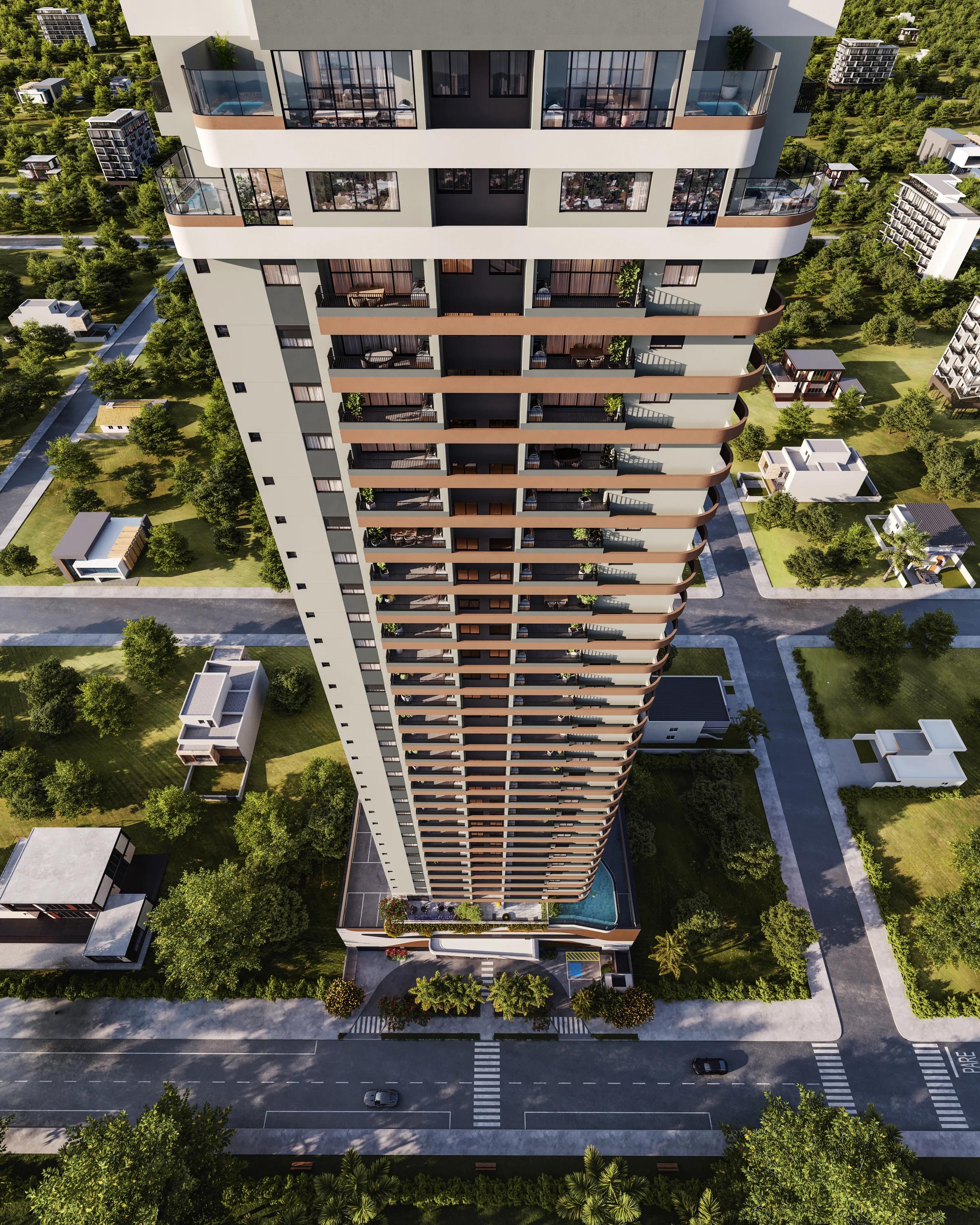 Vista aérea superior em ângulo picado evidenciando a altura e os detalhes das varandas da torre