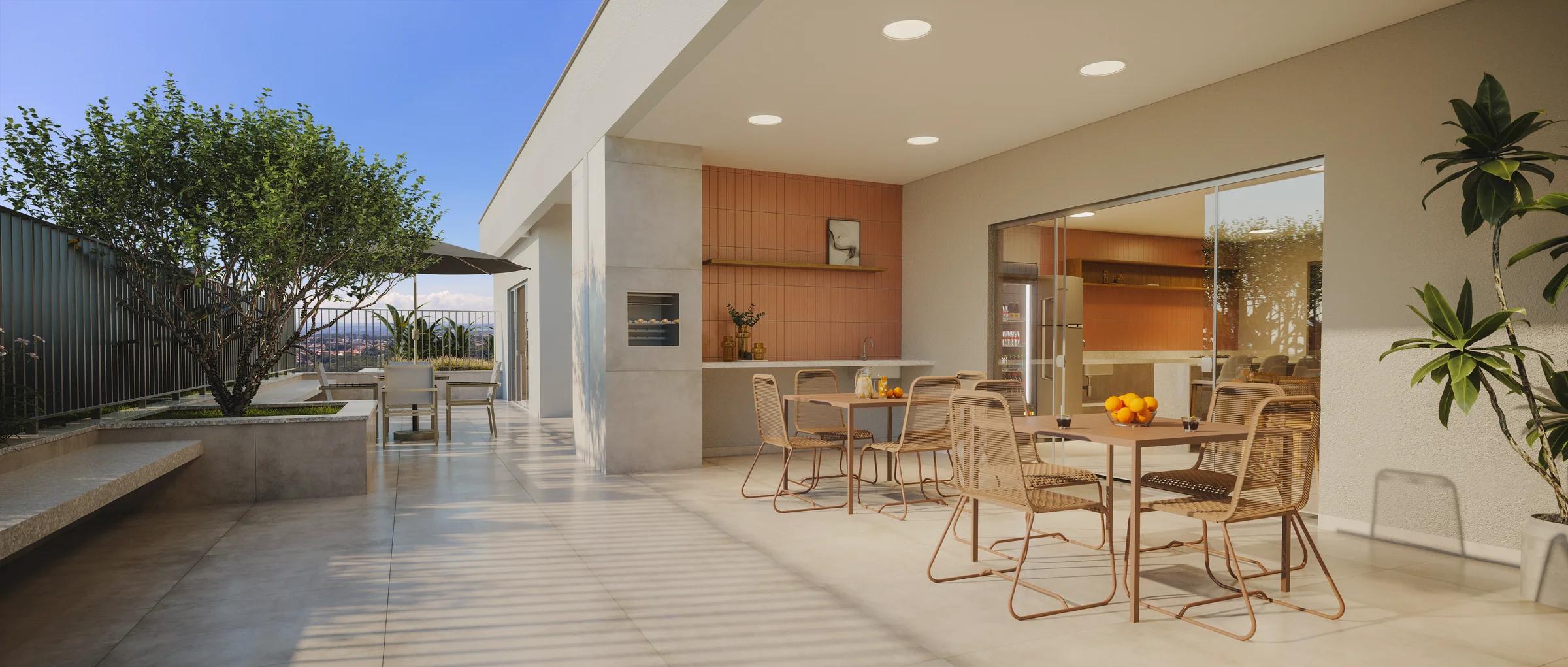 Espaço gourmet externo com churrasqueira, mesas ao ar livre e terraço