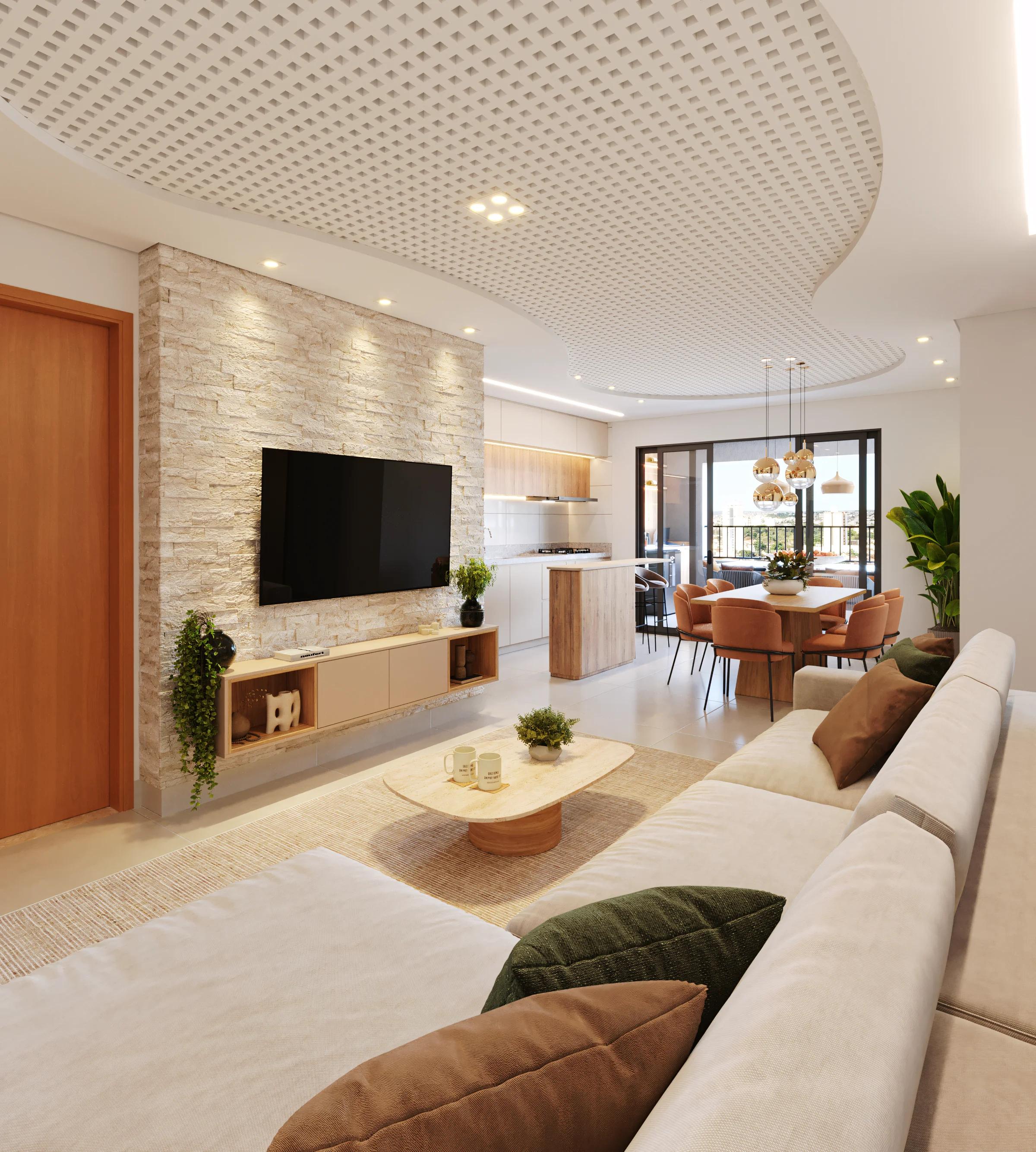 Living ampliado integrado à sala de jantar no apartamento de três suítes e 109 metros quadrados