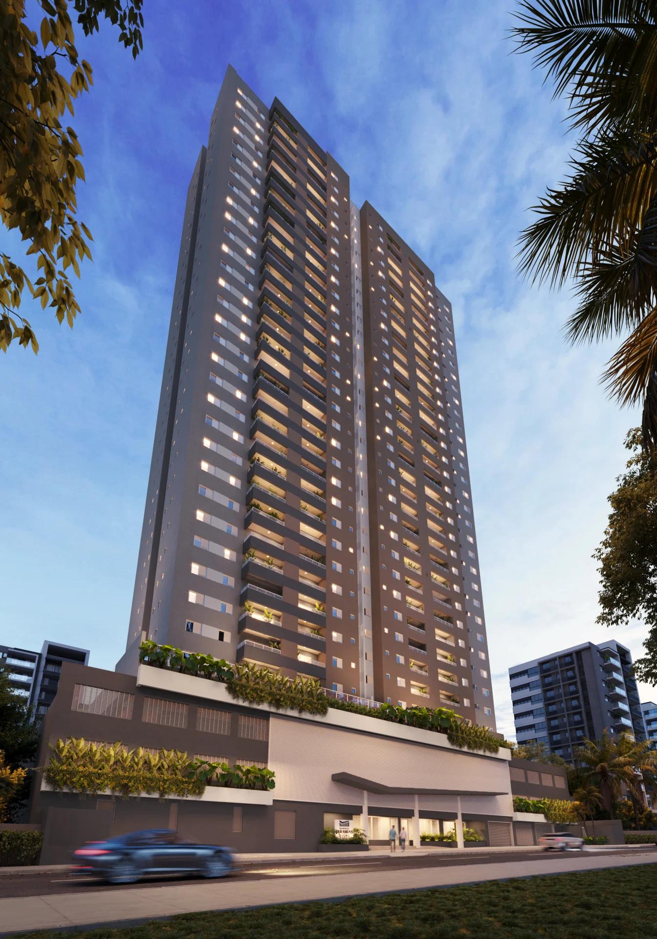 Perspectiva da fachada do edifício ao entardecer com iluminação interna e externa
