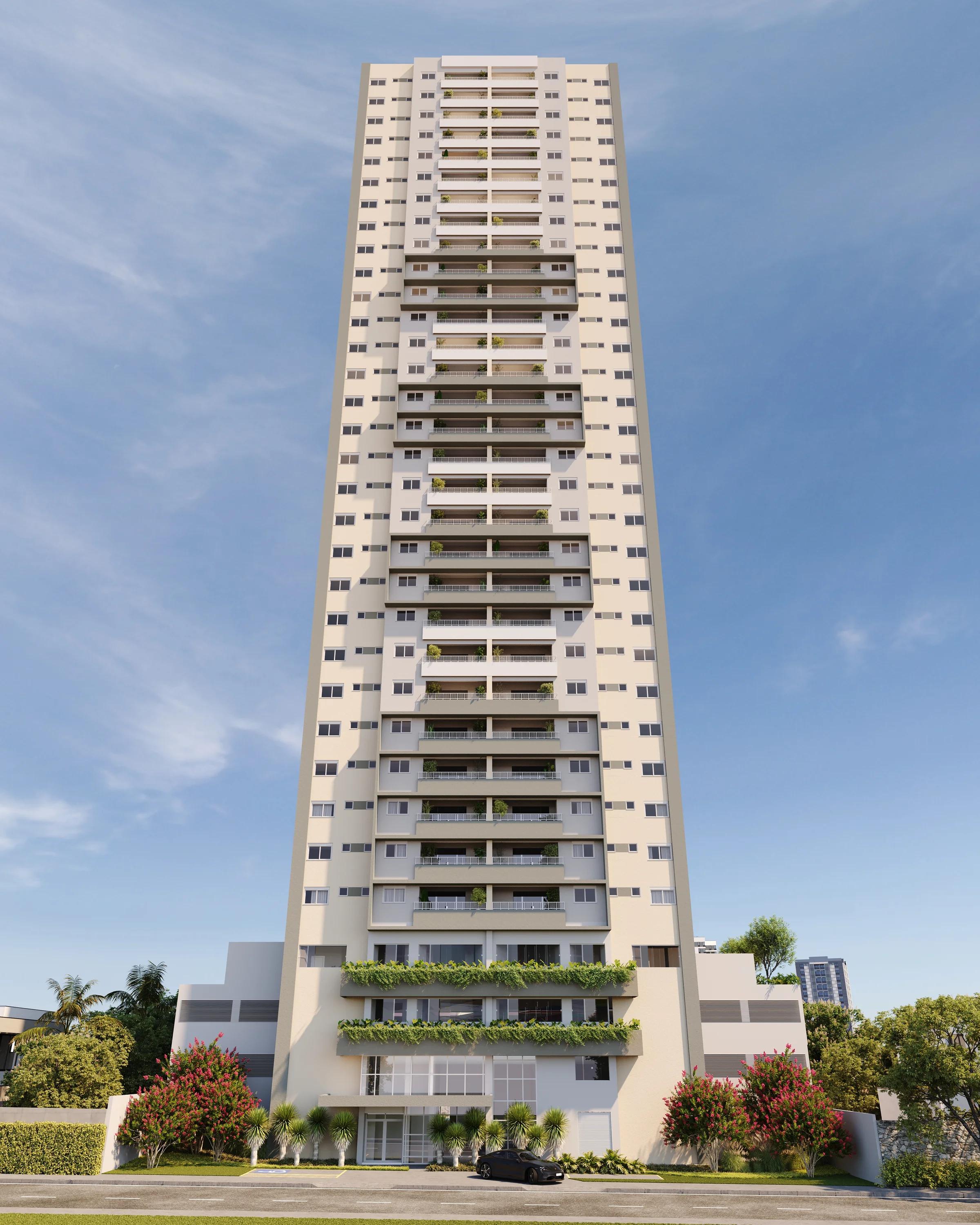 Vista frontal da fachada completa da torre residencial com detalhes de varandas e vegetação