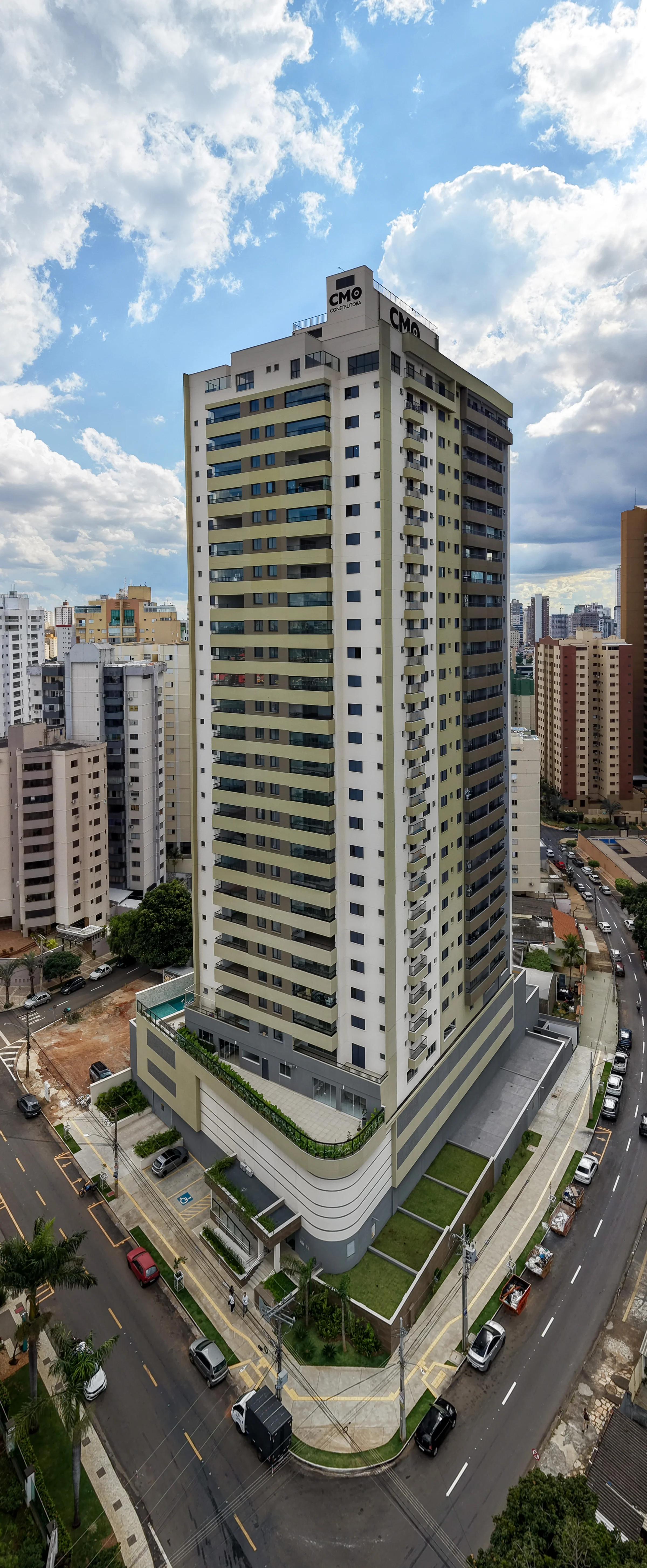 Fachada completa do Residencial Viverde Areião vista da esquina em formato vertical
