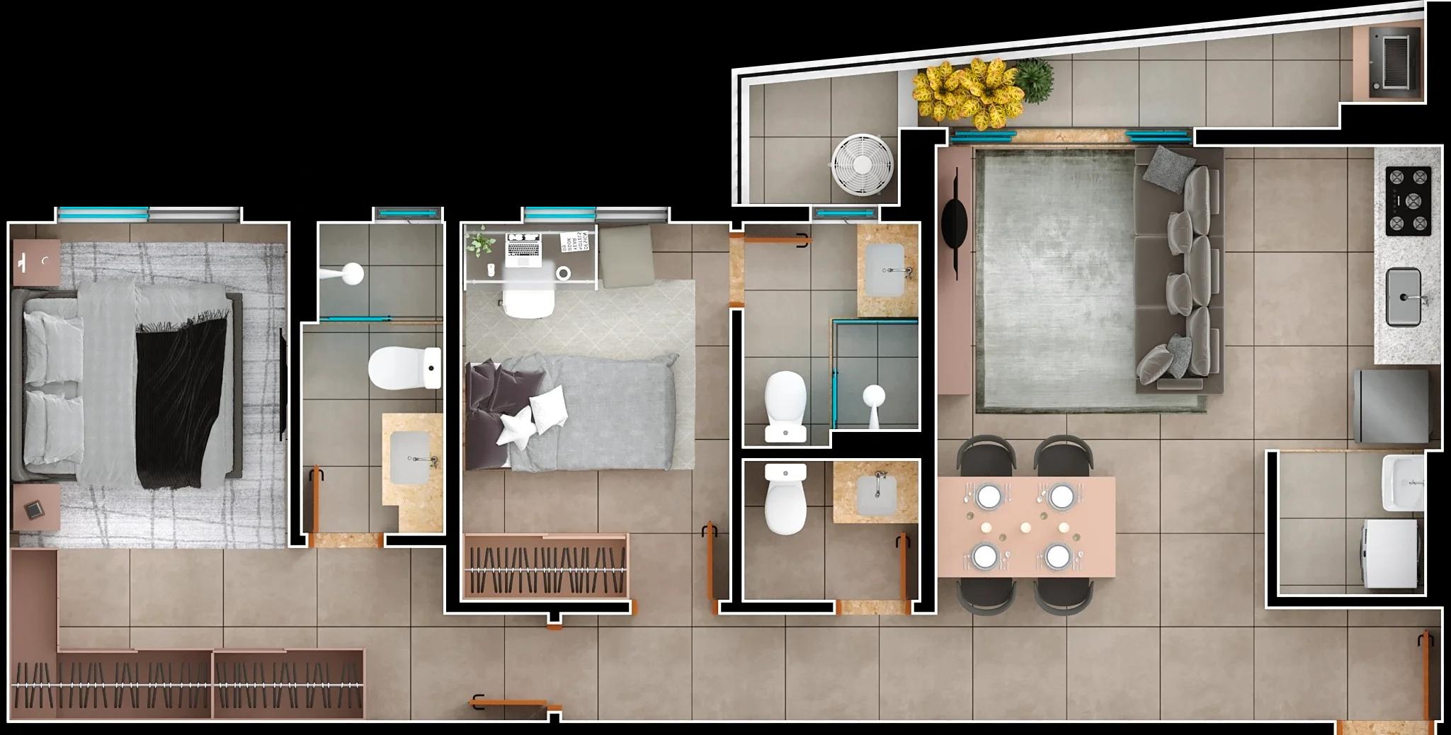 Planta — Apartamento 2 Suítes - 74m² — Pavimento inferior