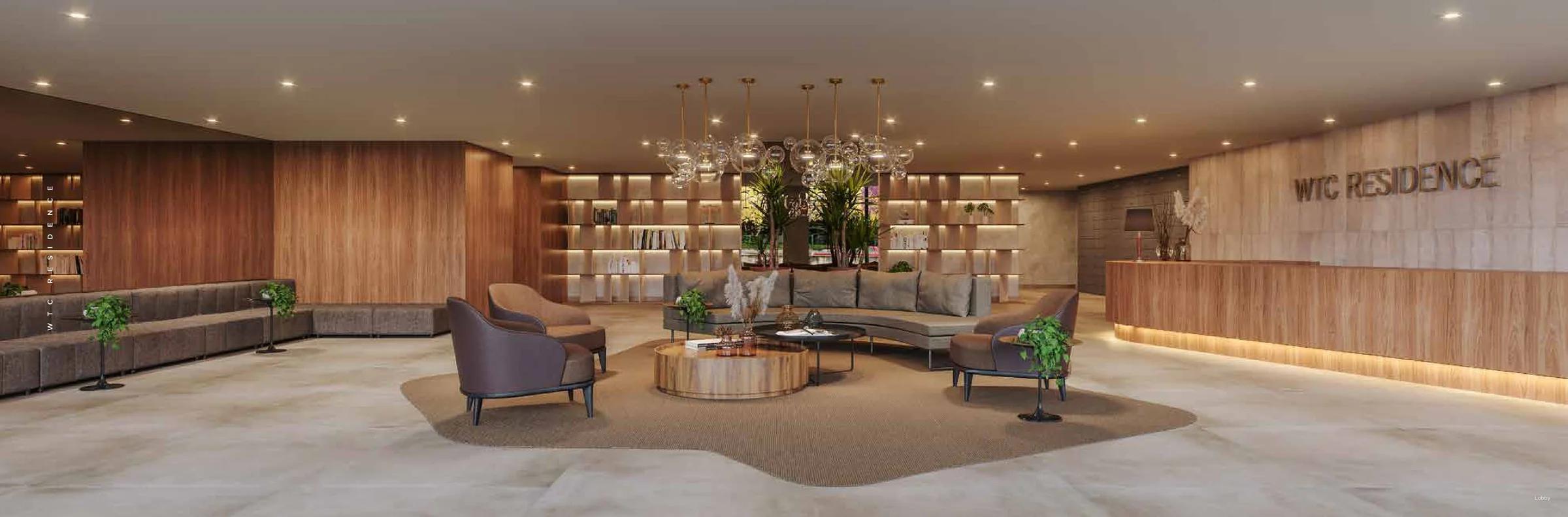 Lobby de entrada com balcão de recepção, estantes de madeira e lounges mobiliados