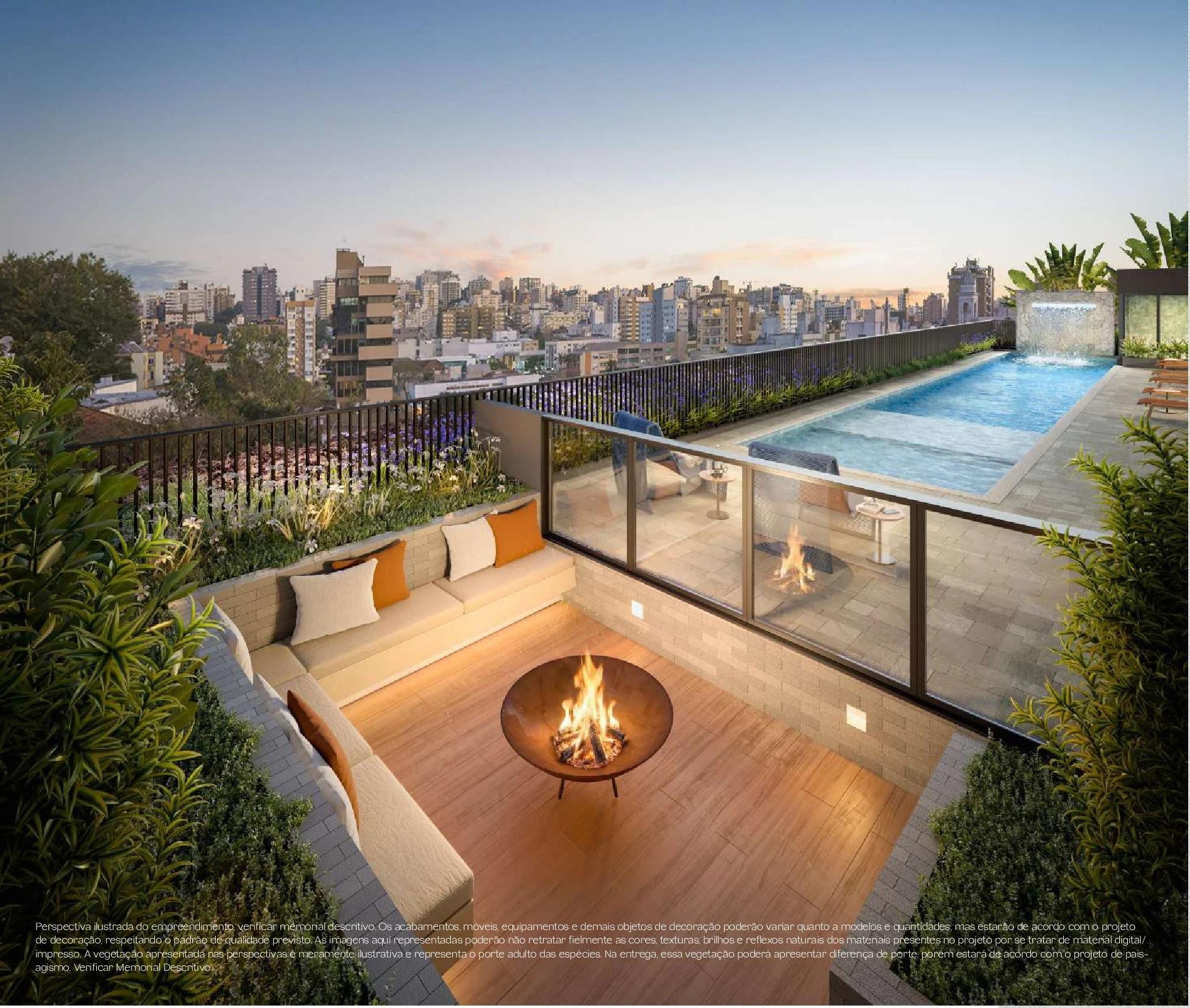 Lounge rebaixado com lareira ecológica ao ar livre e vista panorâmica para a cidade ao lado da piscina