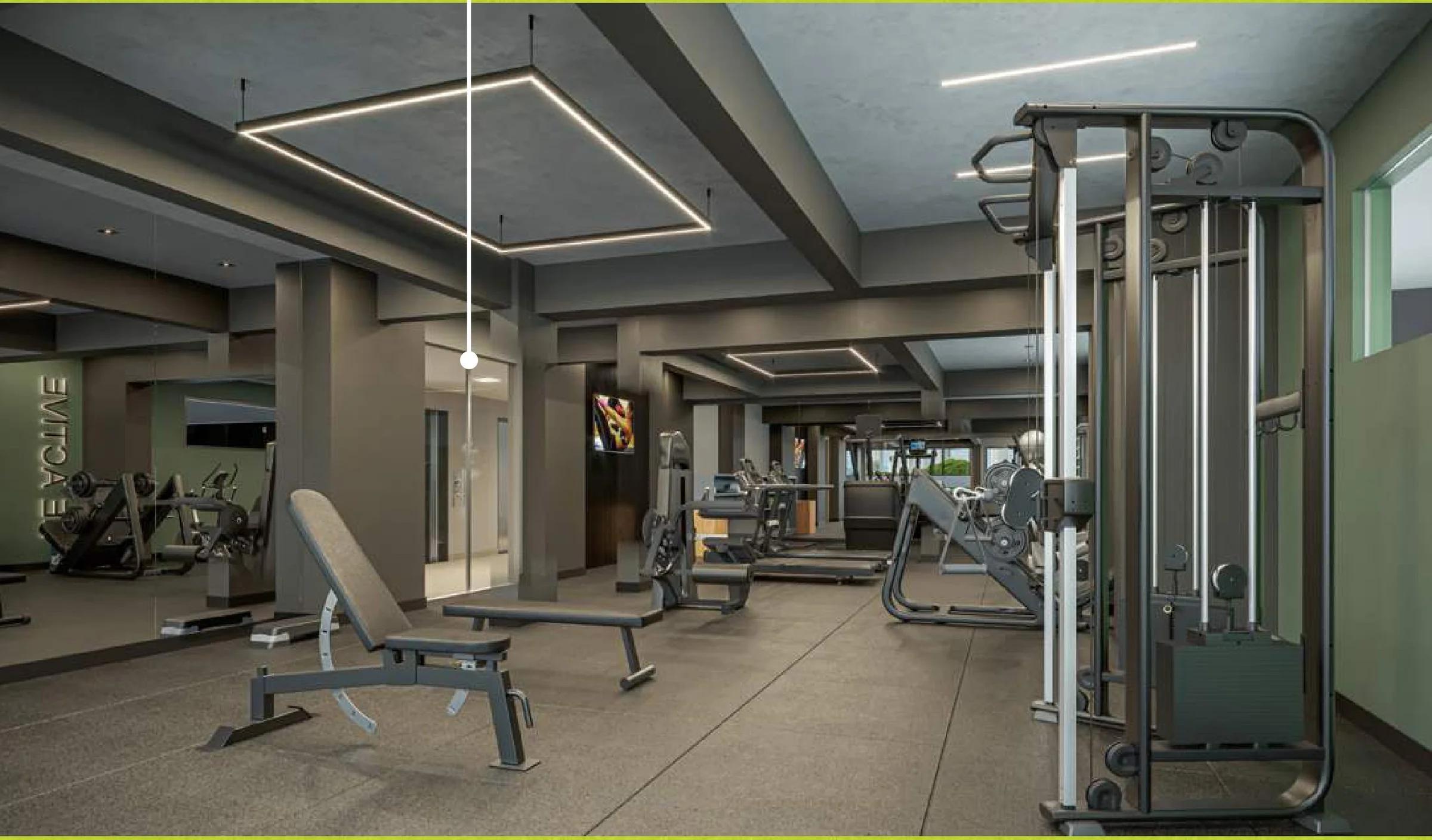 Perspectiva 3D da área de musculação da academia com equipamentos e bancos articulados