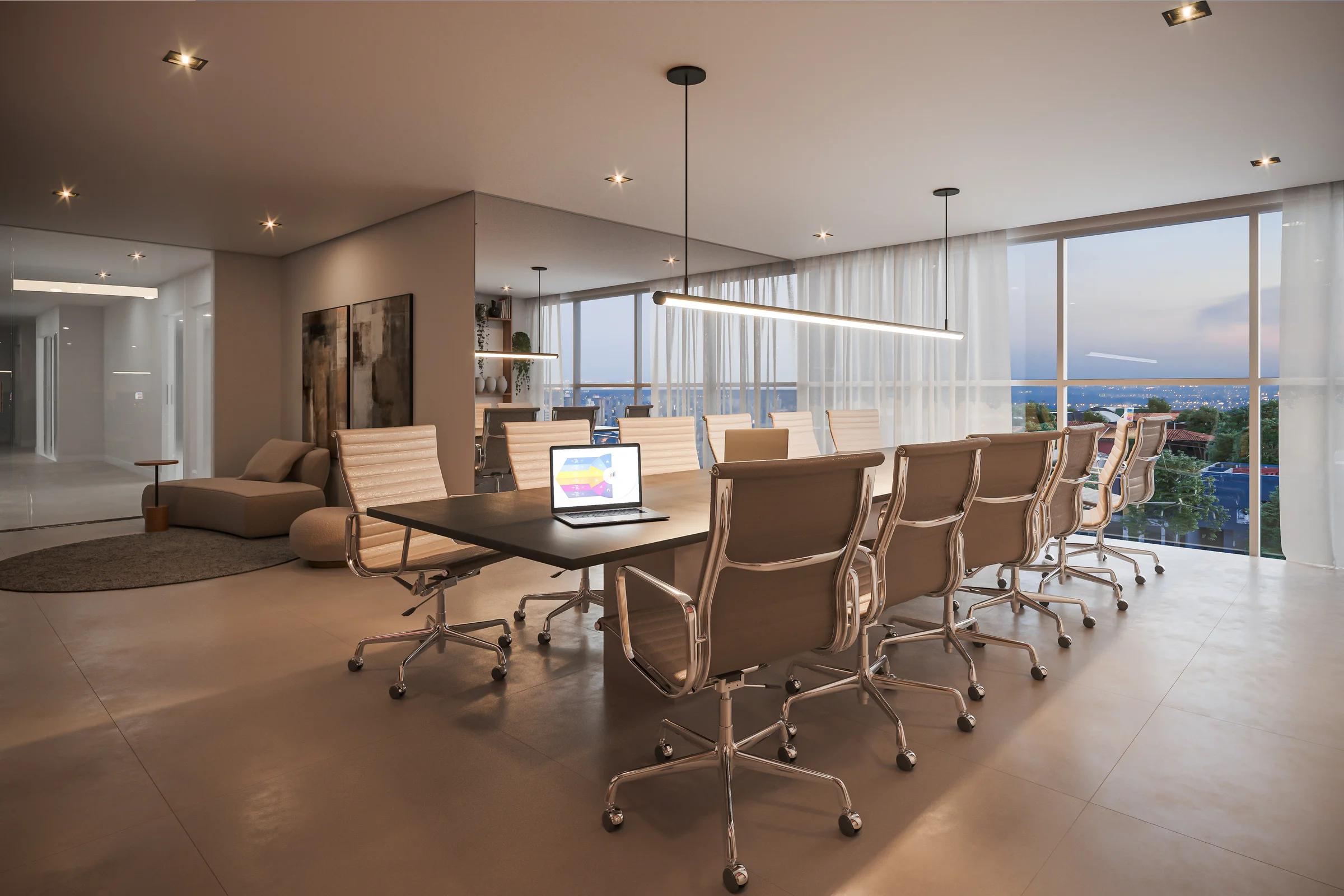 Sala de reunião com mesa ampla para conferências e vista panorâmica da cidade.