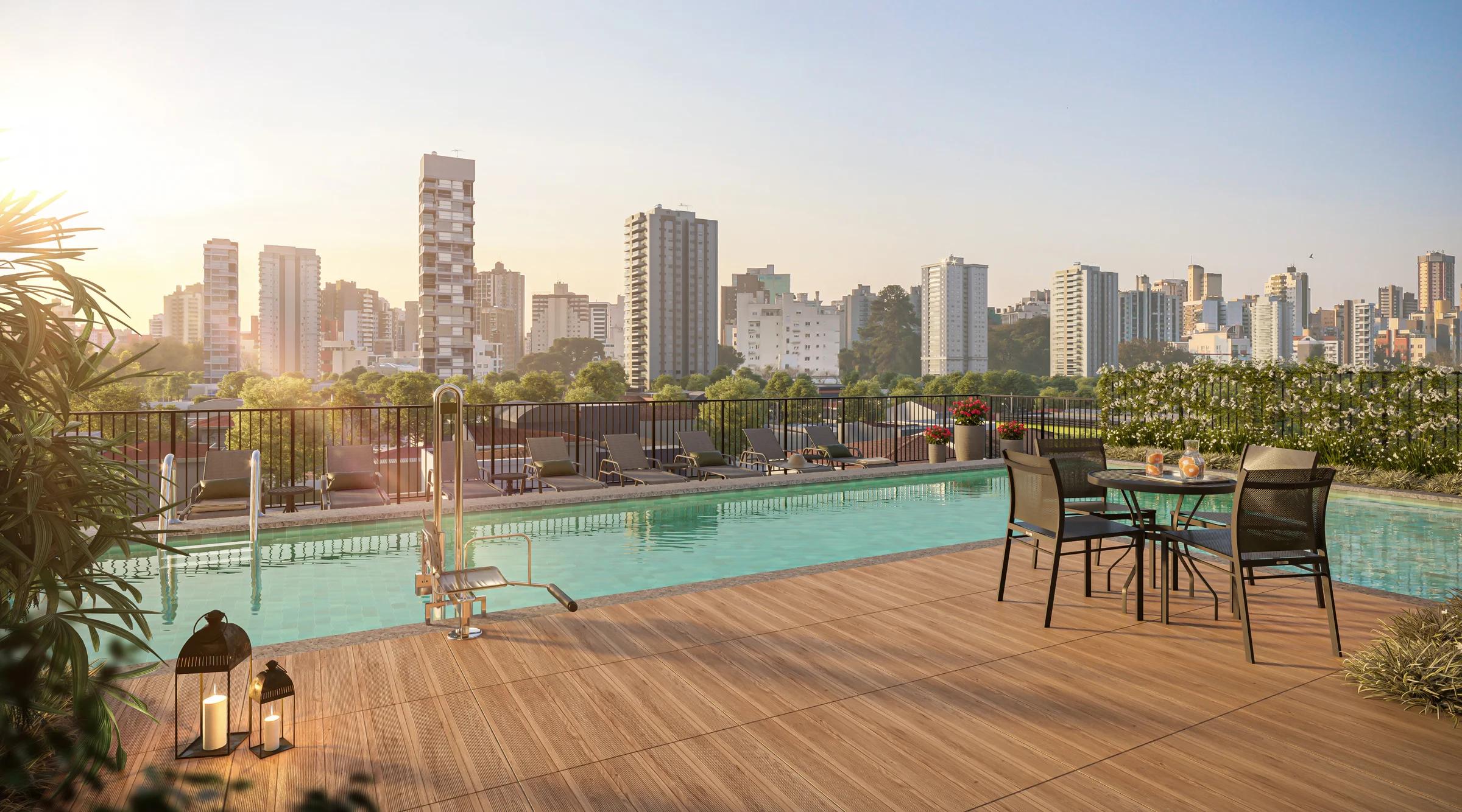 Piscina ao ar livre com boia, palmeiras e muro com painel geométrico colorido