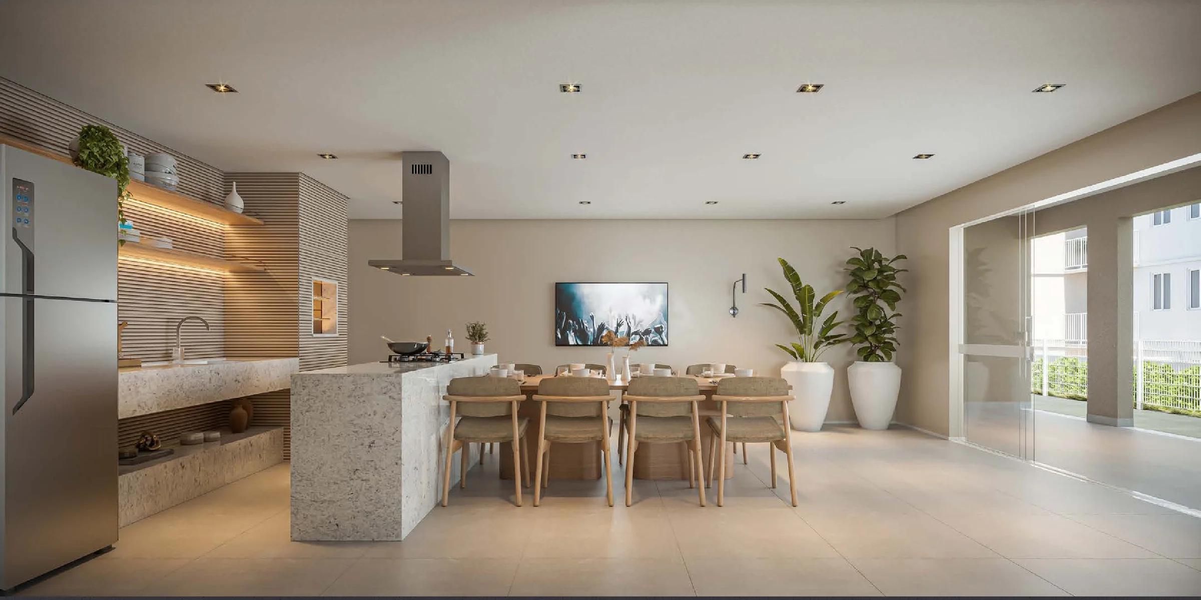 Espaço gourmet interno com ilha em mármore, coifa, mesa de jantar e acabamento em ripas de madeira