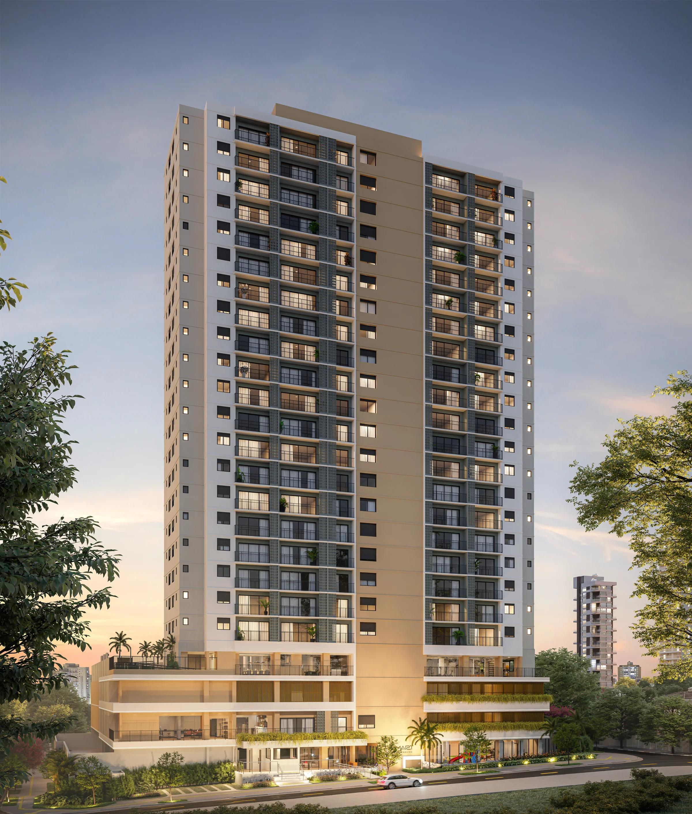 Fachada completa do edifício residencial com vista da torre e base