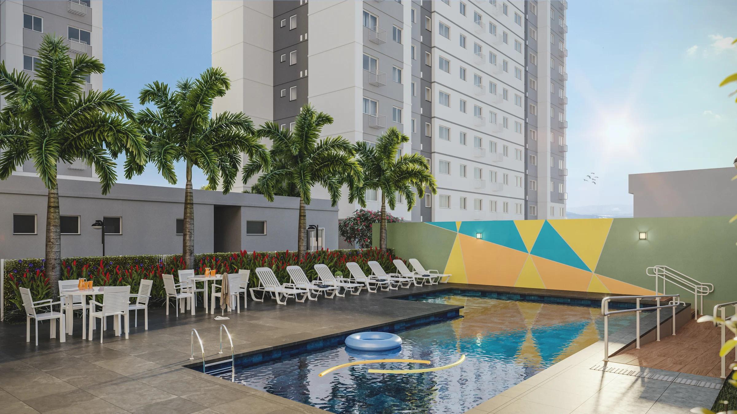 Vida Milão - Piscina com deck, espreguiçadeiras e palmeiras