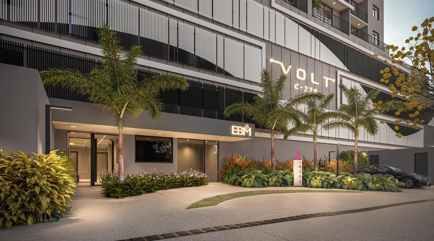 Volt C-220 - Acesso principal com paisagismo e marquise do edifício