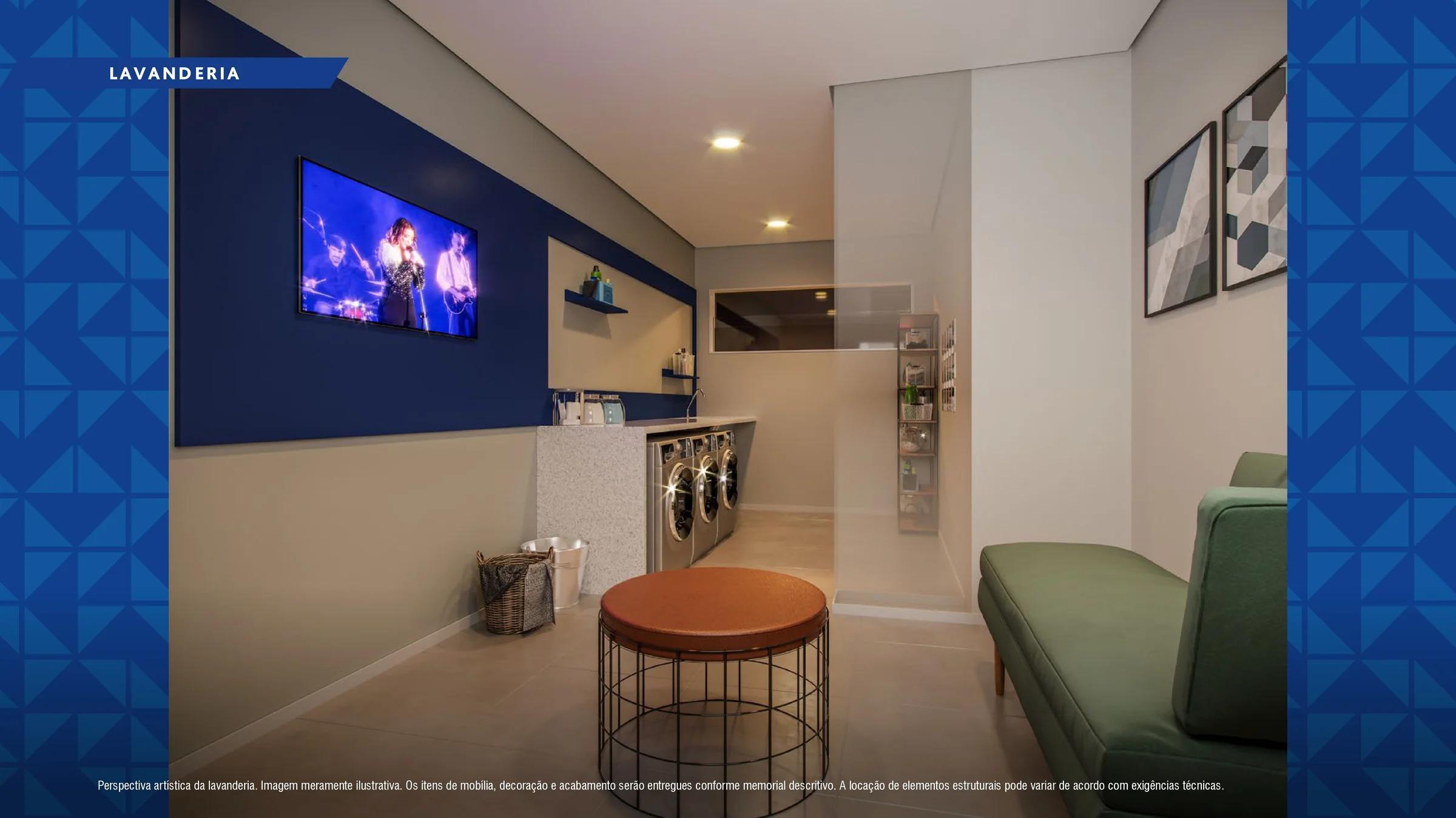 Lavanderia compartilhada com lavadoras embutidas, bancada e lounge de espera com TV e sofá.