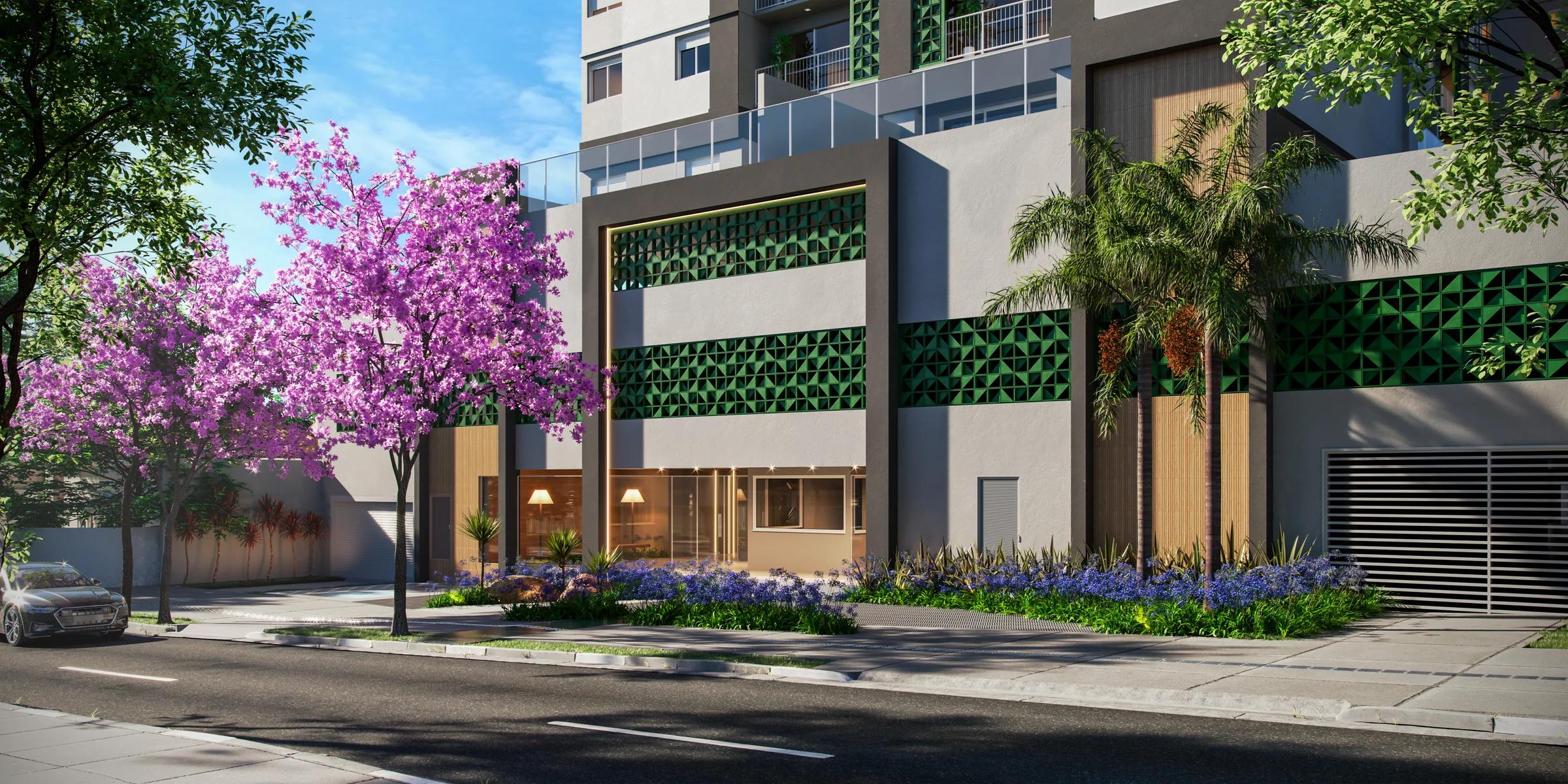 Wish Bella Vista - Fachada e acesso social com árvore florida