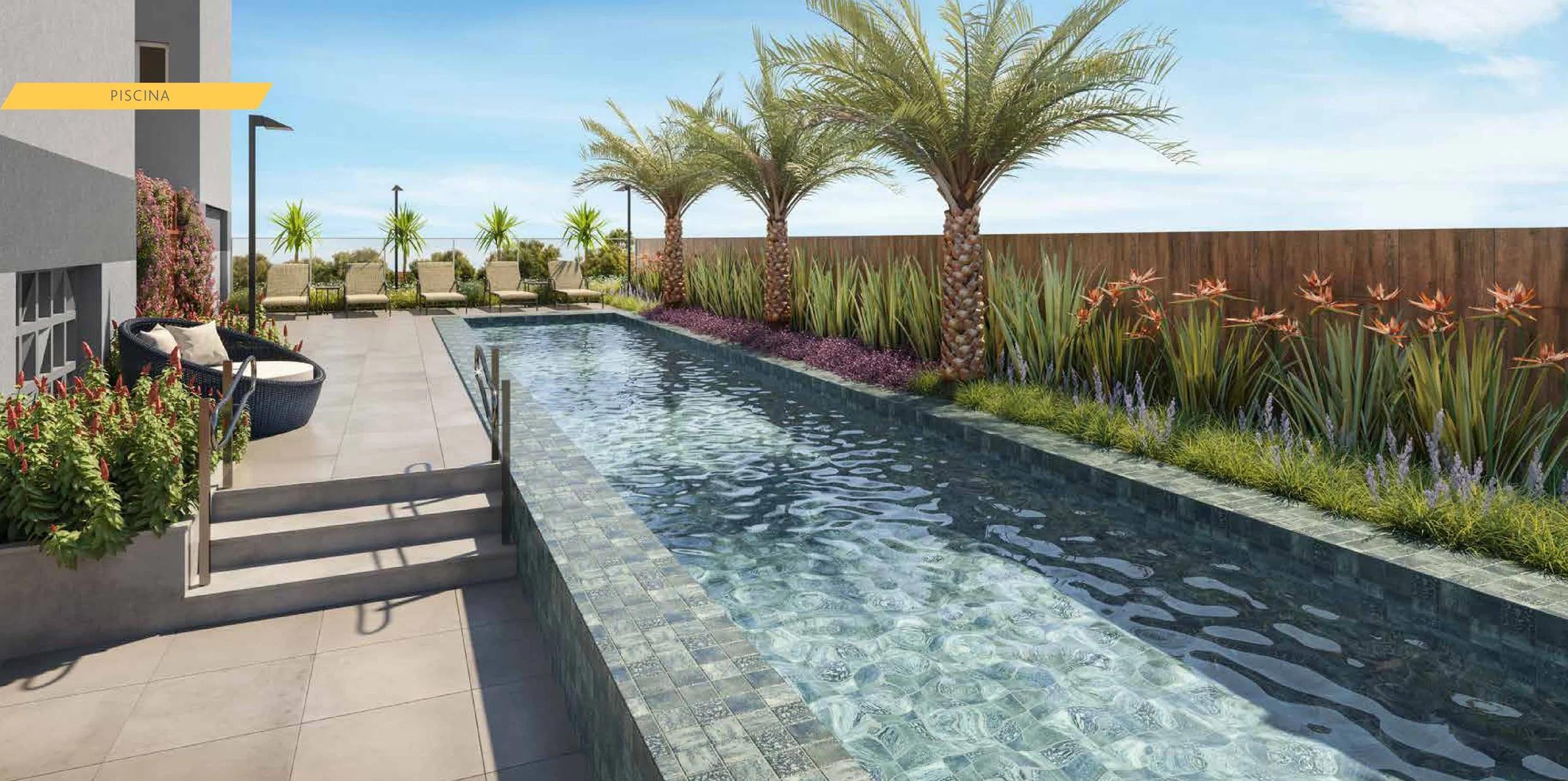 Piscina com raia, deck com espreguiçadeiras e jardim com palmeiras