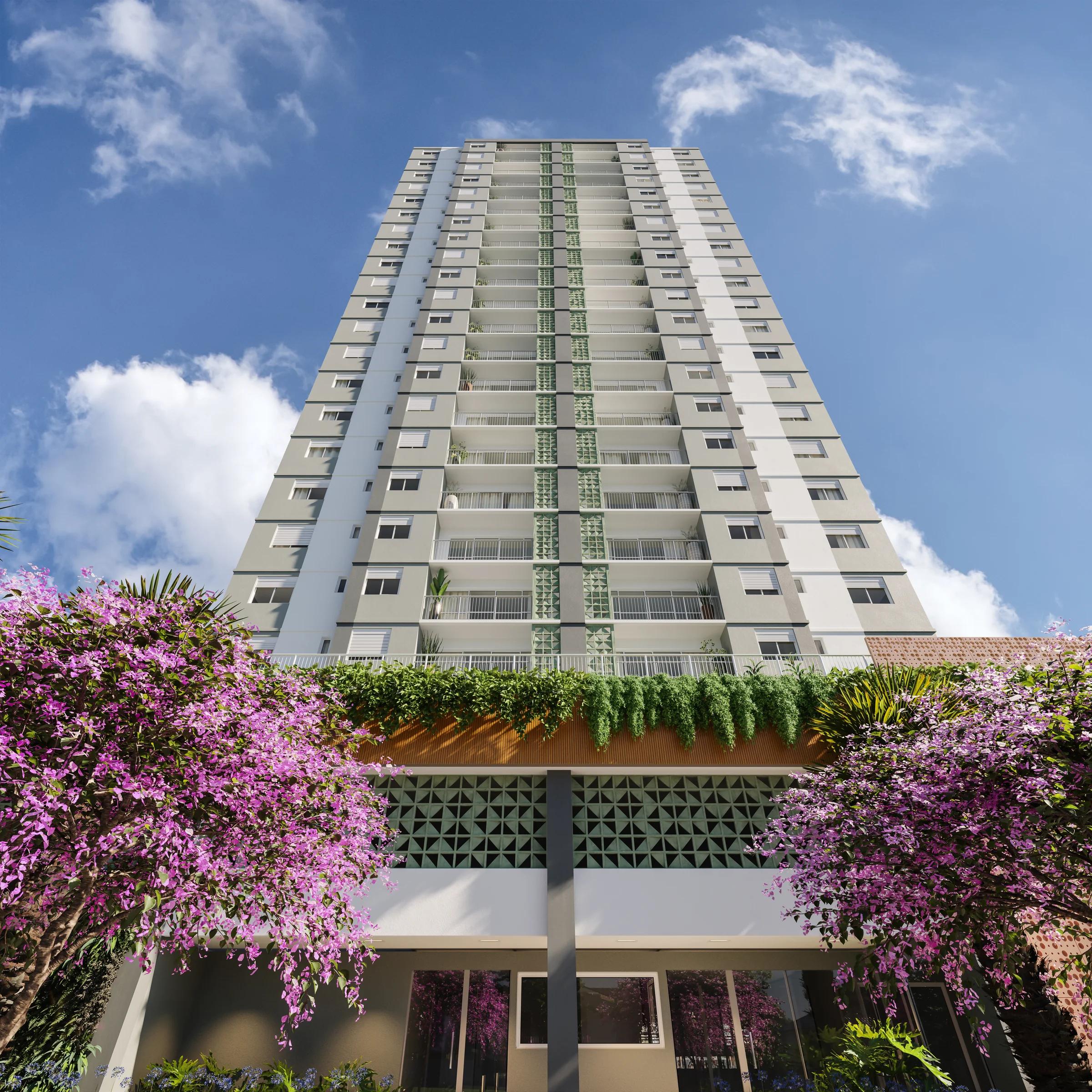 Wish Gran 29 - Torre residencial vista de baixo entre árvores floridas