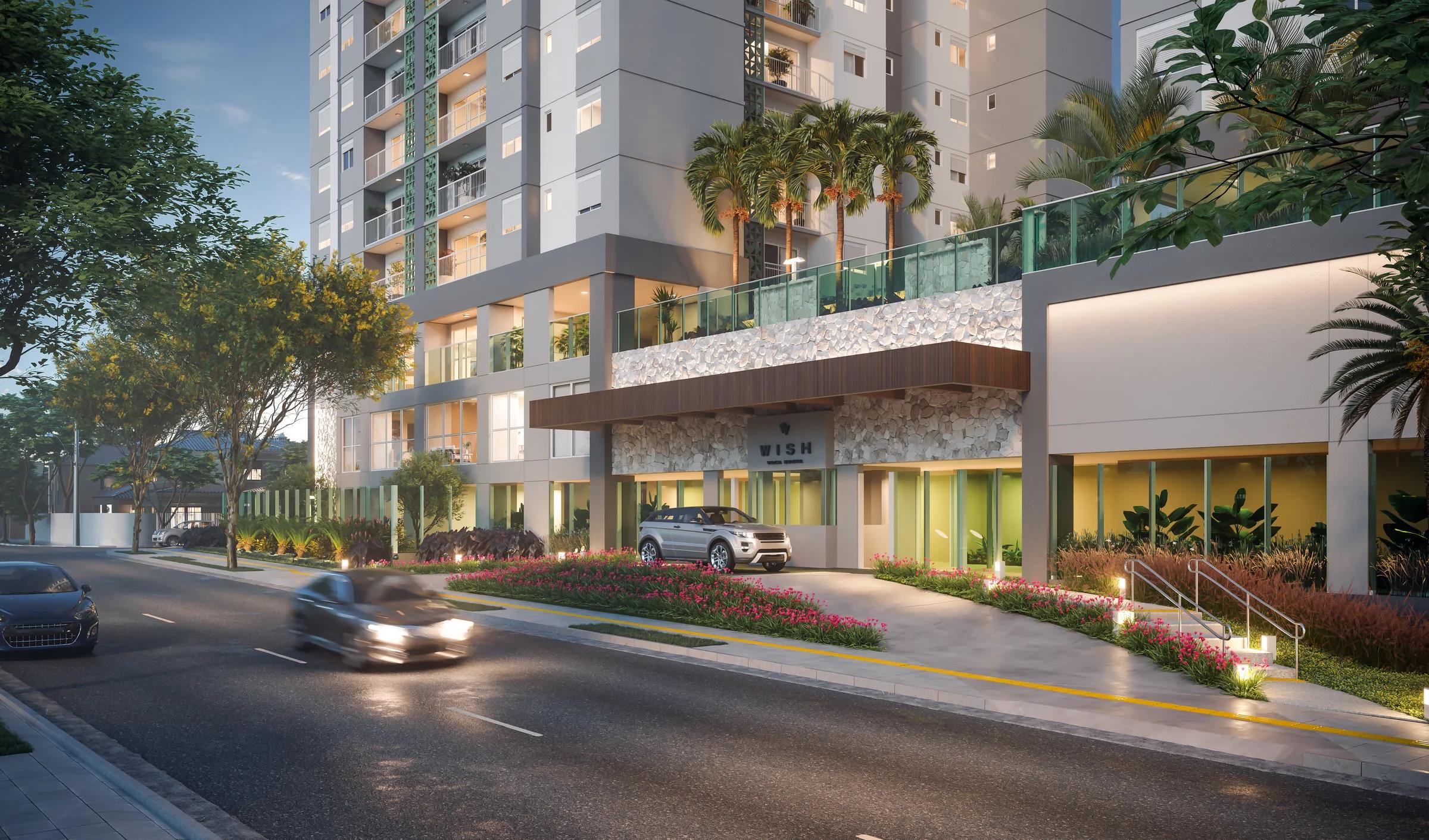 Wish Vaca Brava - Acesso social do edifício com fachada, jardim e entrada envidraçada