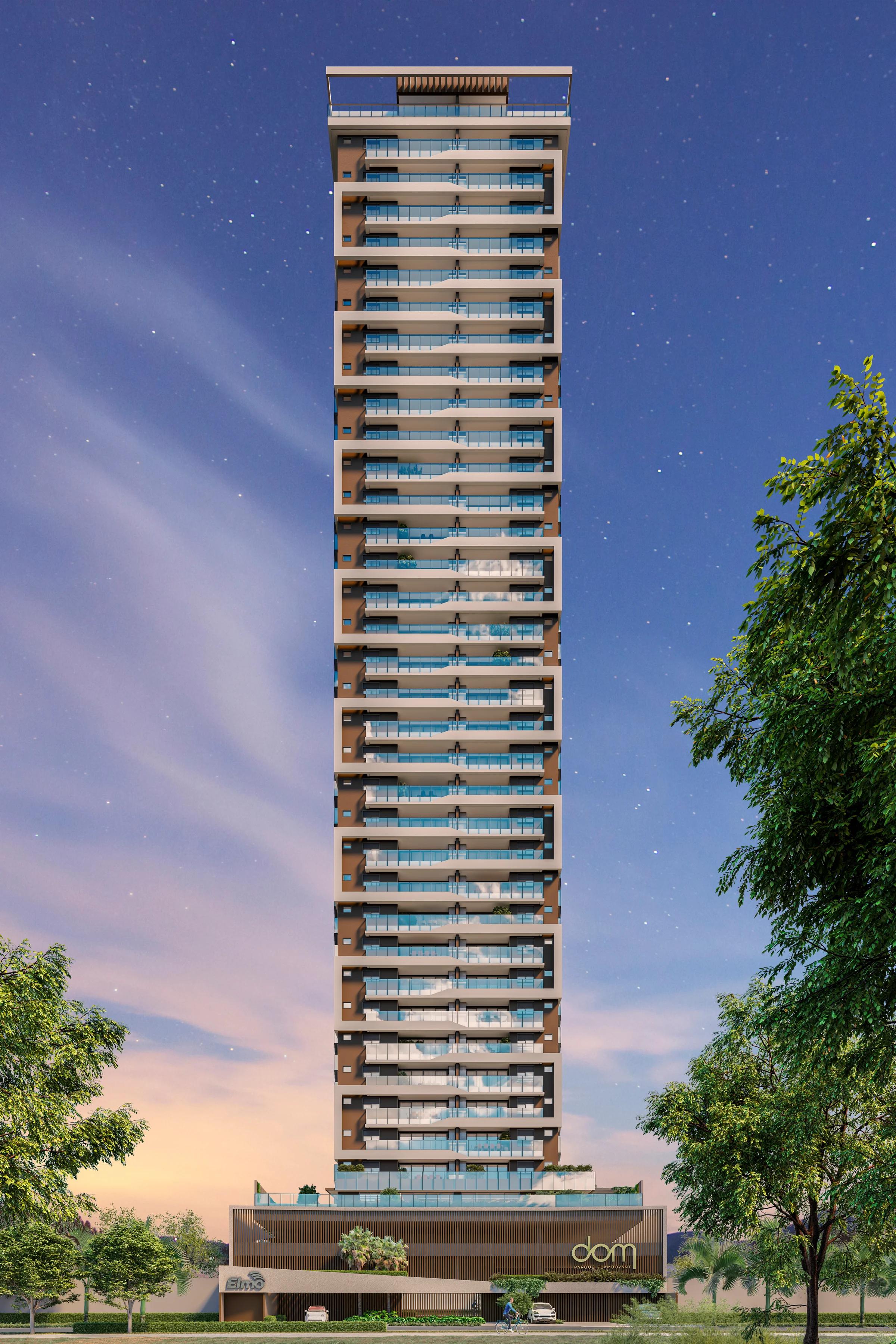 Fachada frontal da torre com iluminação ao entardecer