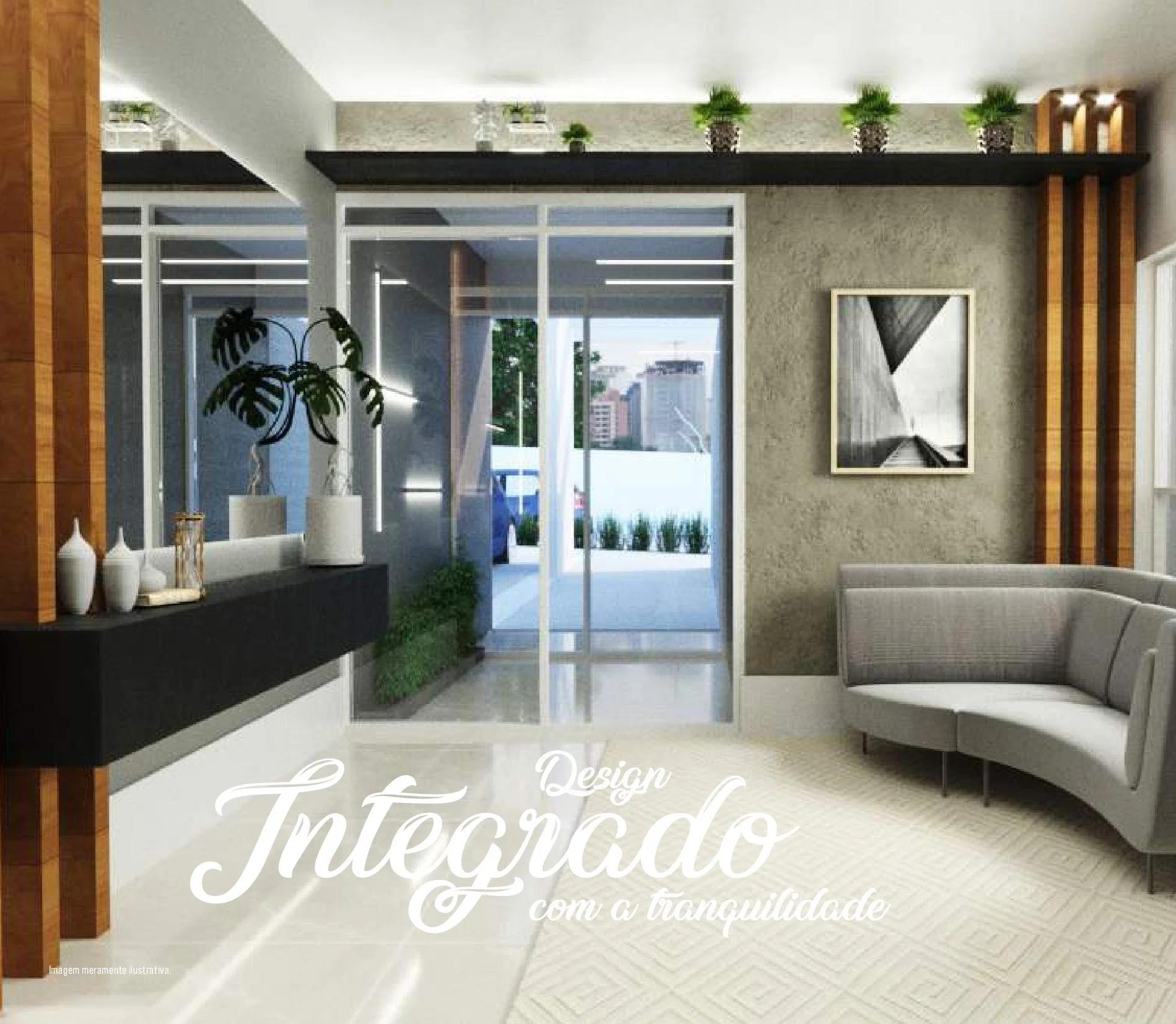 Perspectiva do hall de entrada com sofá curvo, espelho e detalhes em madeira
