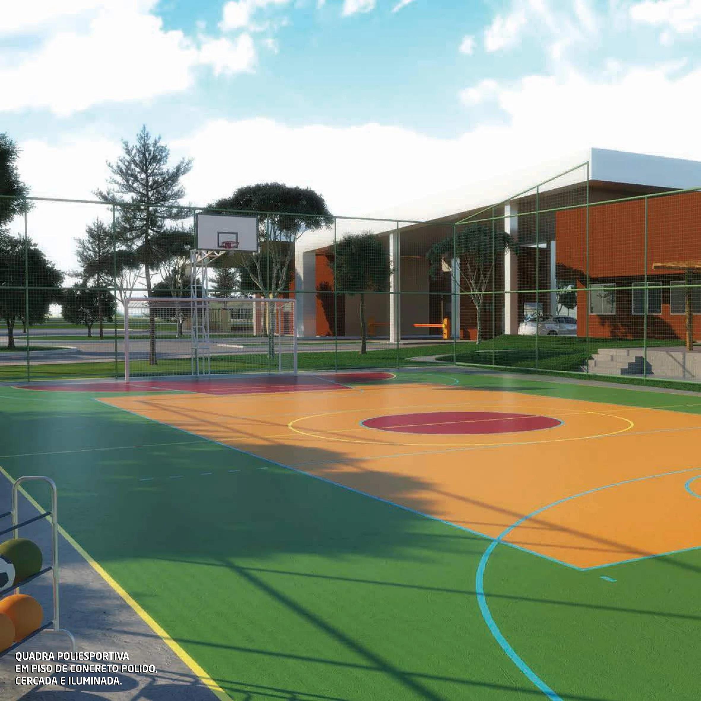 Perspectiva da quadra poliesportiva com tabela de basquete