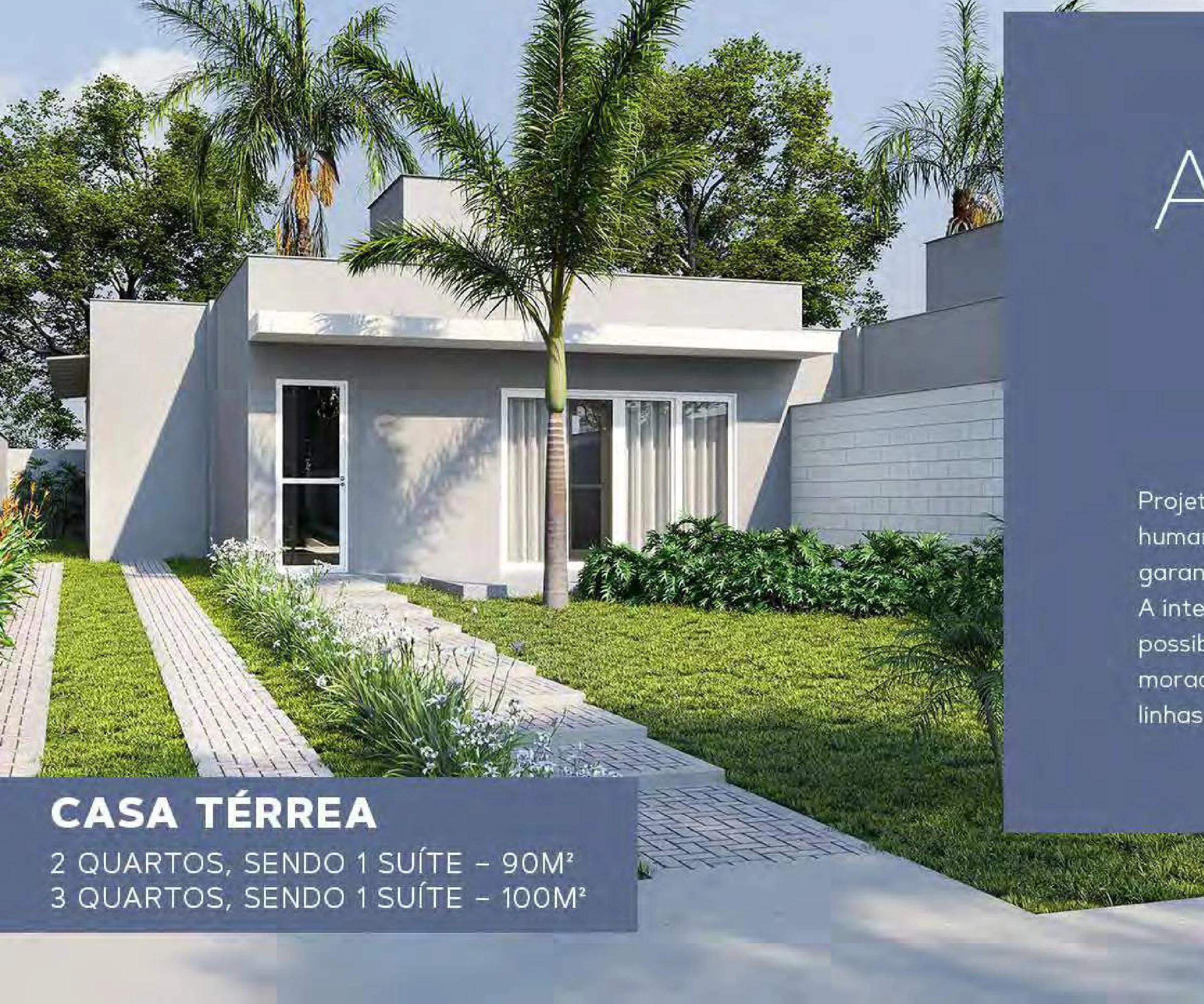 Perspectiva 3D da fachada da casa térrea com gramado e entrada de pedestres