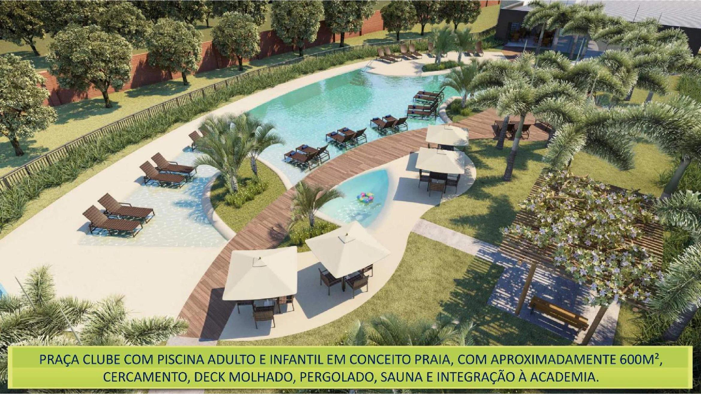 Piscina com borda tipo praia, espreguiçadeiras e ombrelones