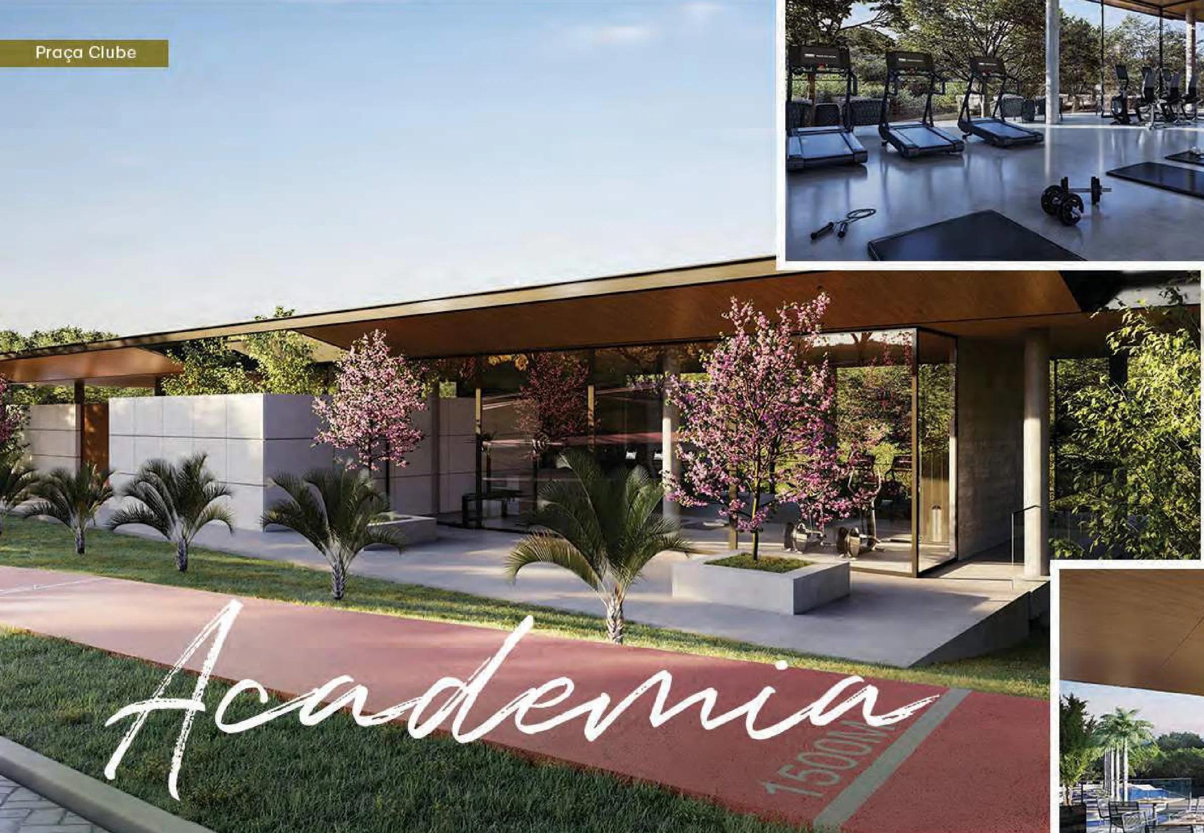 Fachada do pavilhão da academia integrado ao paisagismo e pista de caminhada