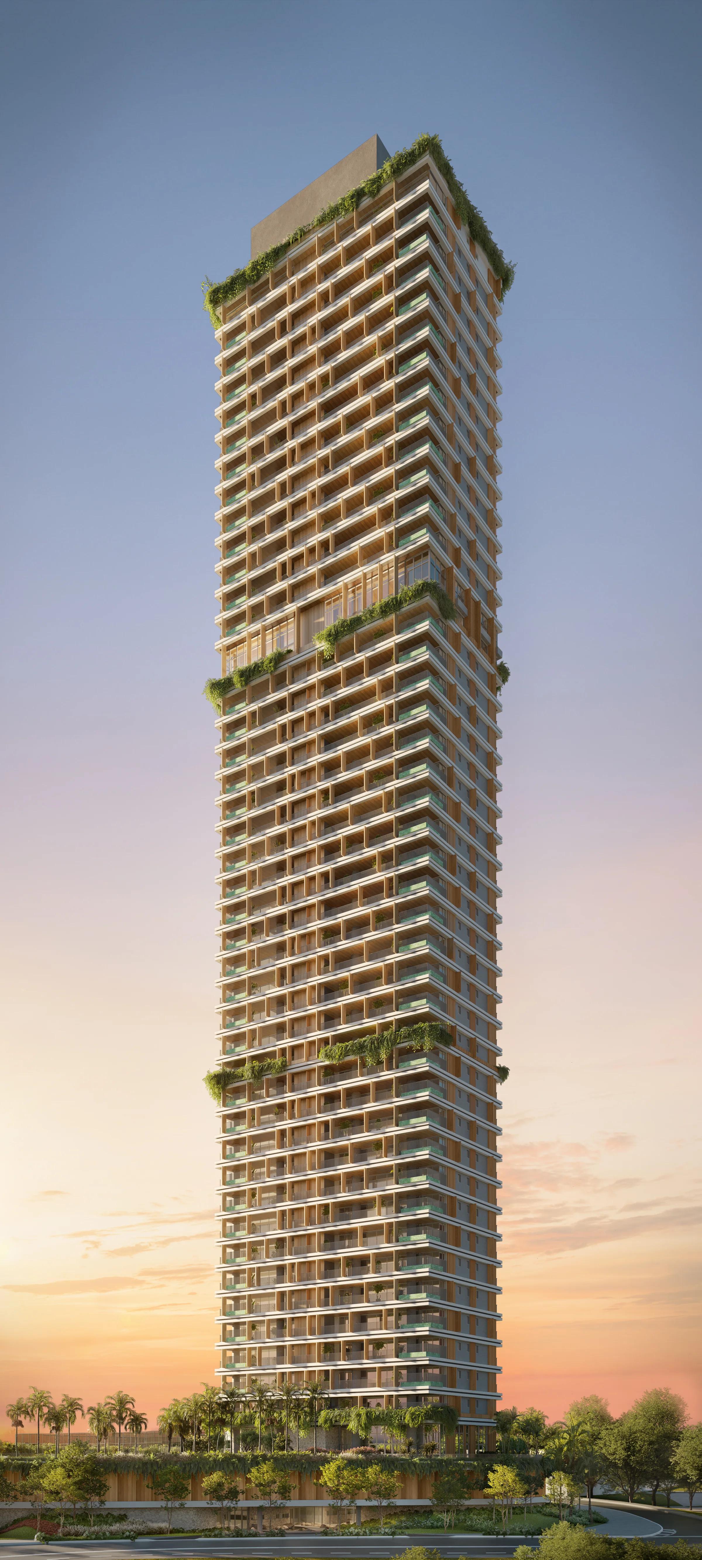 Fachada vertical do edifício vista de baixo, com paisagismo no térreo