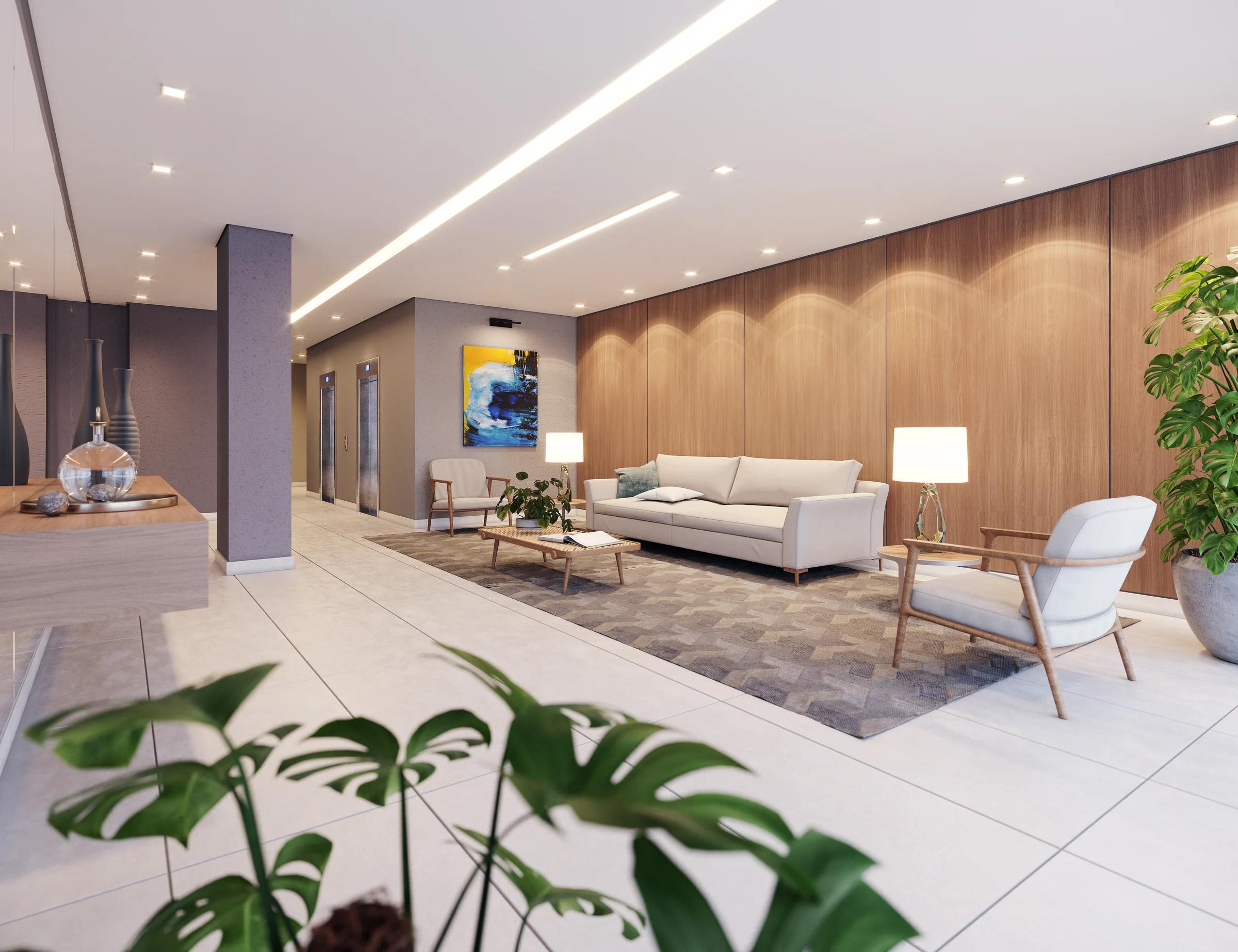 Lobby de entrada com sofás, painel de madeira e decoração sofisticada