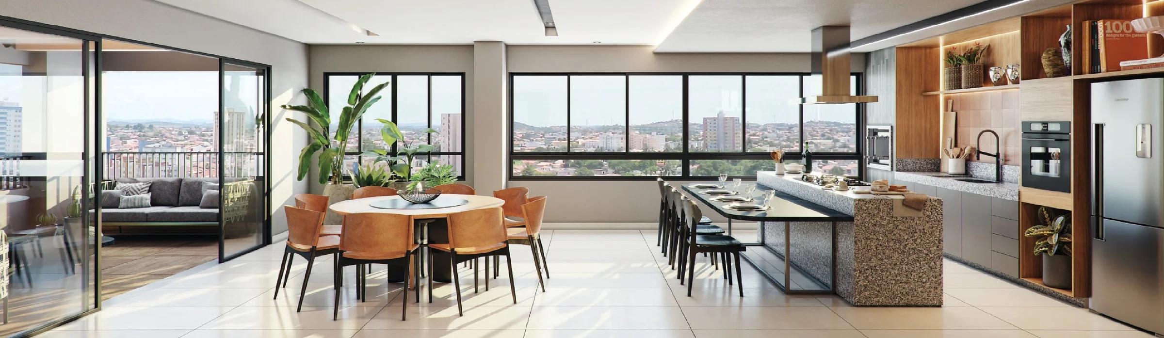 Espaço gourmet no rooftop com ilha central, mesa de jantar e vista para a cidade durante o dia