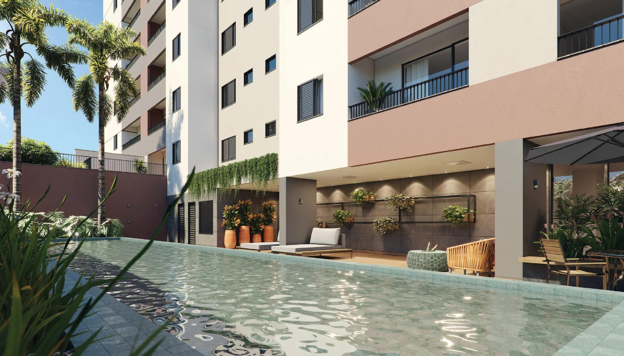 Deck da piscina com espreguiçadeiras e lounge sob área coberta