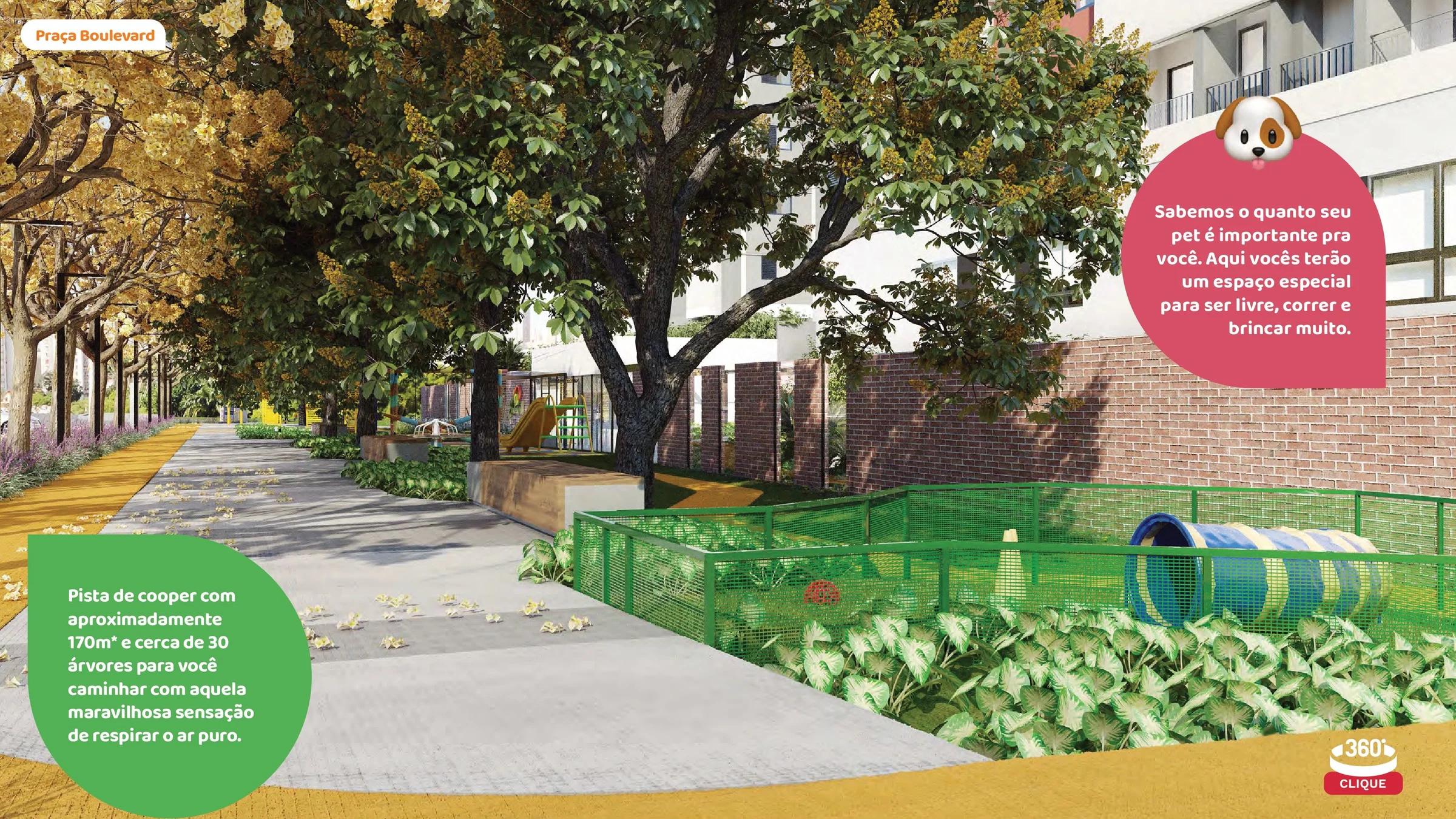 Praça arborizada com espaço pet cercado e pista de caminhada