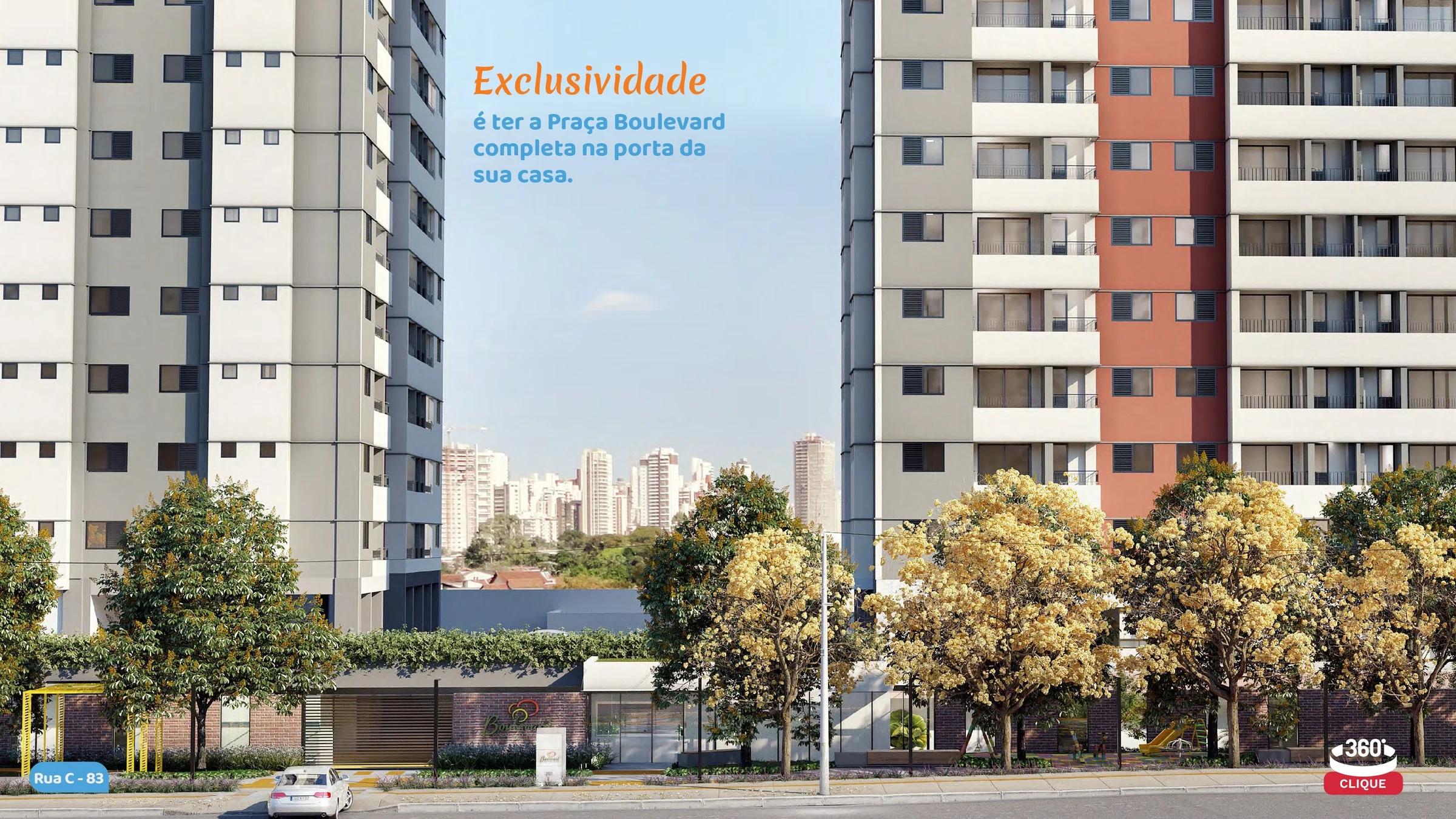 Perspectiva das duas torres com a praça arborizada e acesso frontal