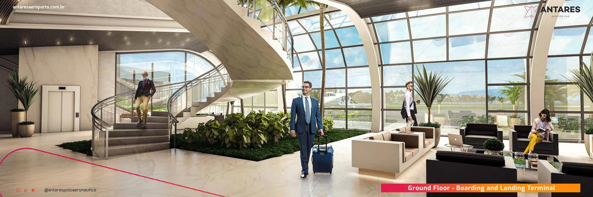 Piso térreo do saguão do terminal com escada helicoidal, sofás e fechamento em vidro