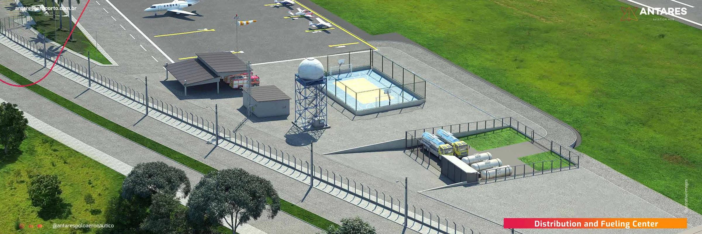 Centro de distribuição, área de abastecimento de aeronaves e quadra esportiva