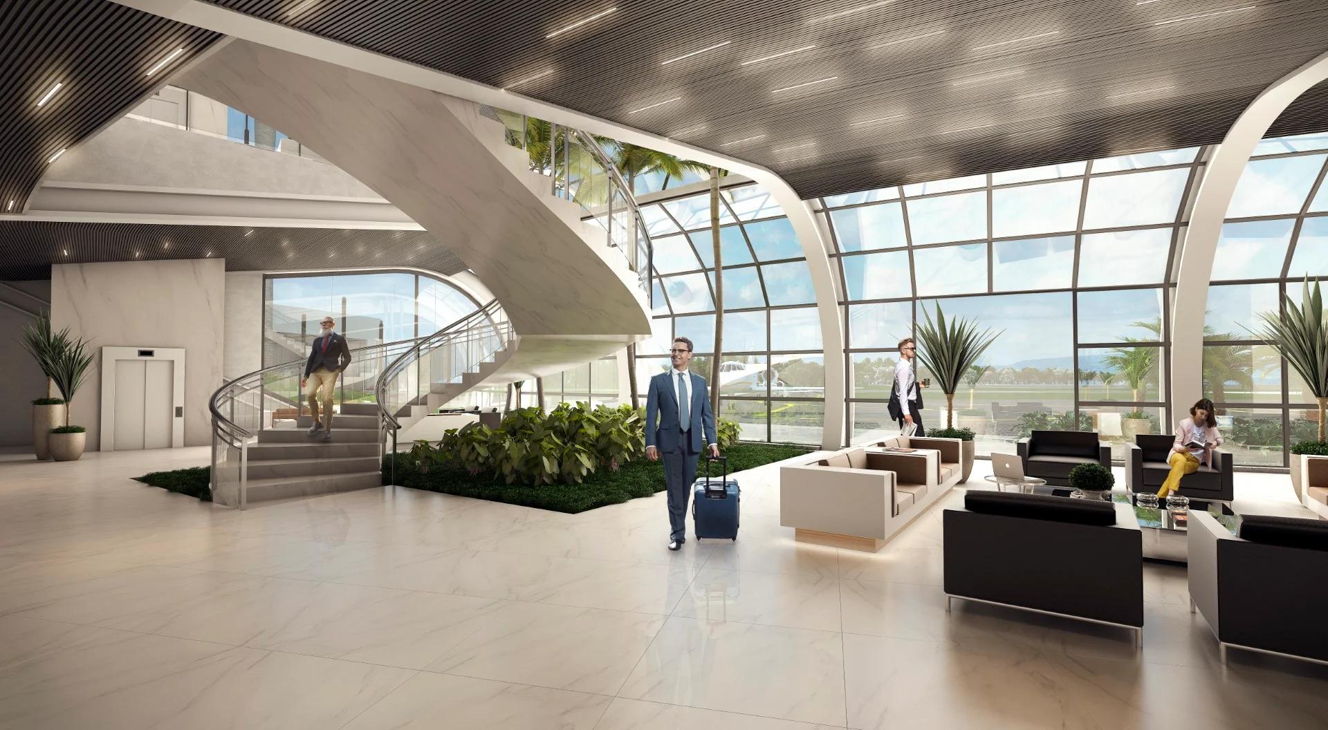 Piso do saguão do terminal com escada helicoidal e poltronas