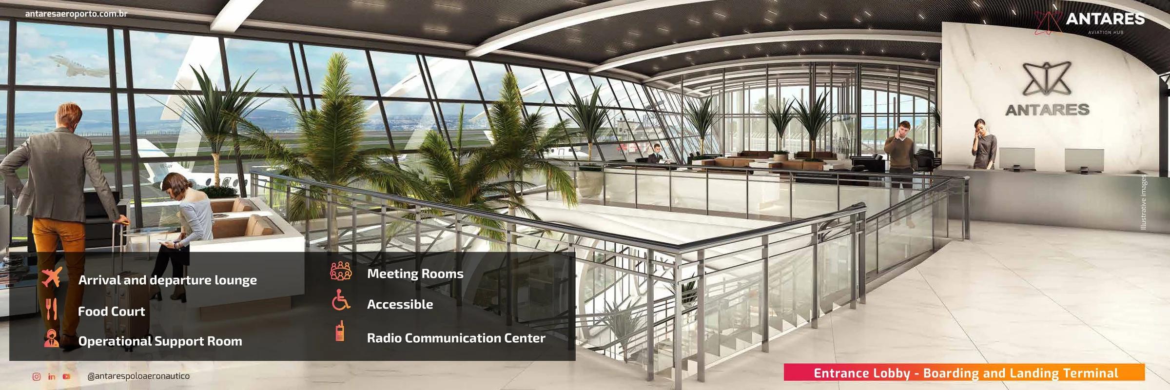 Mezanino e saguão superior do terminal com lounge de espera e balcão de atendimento