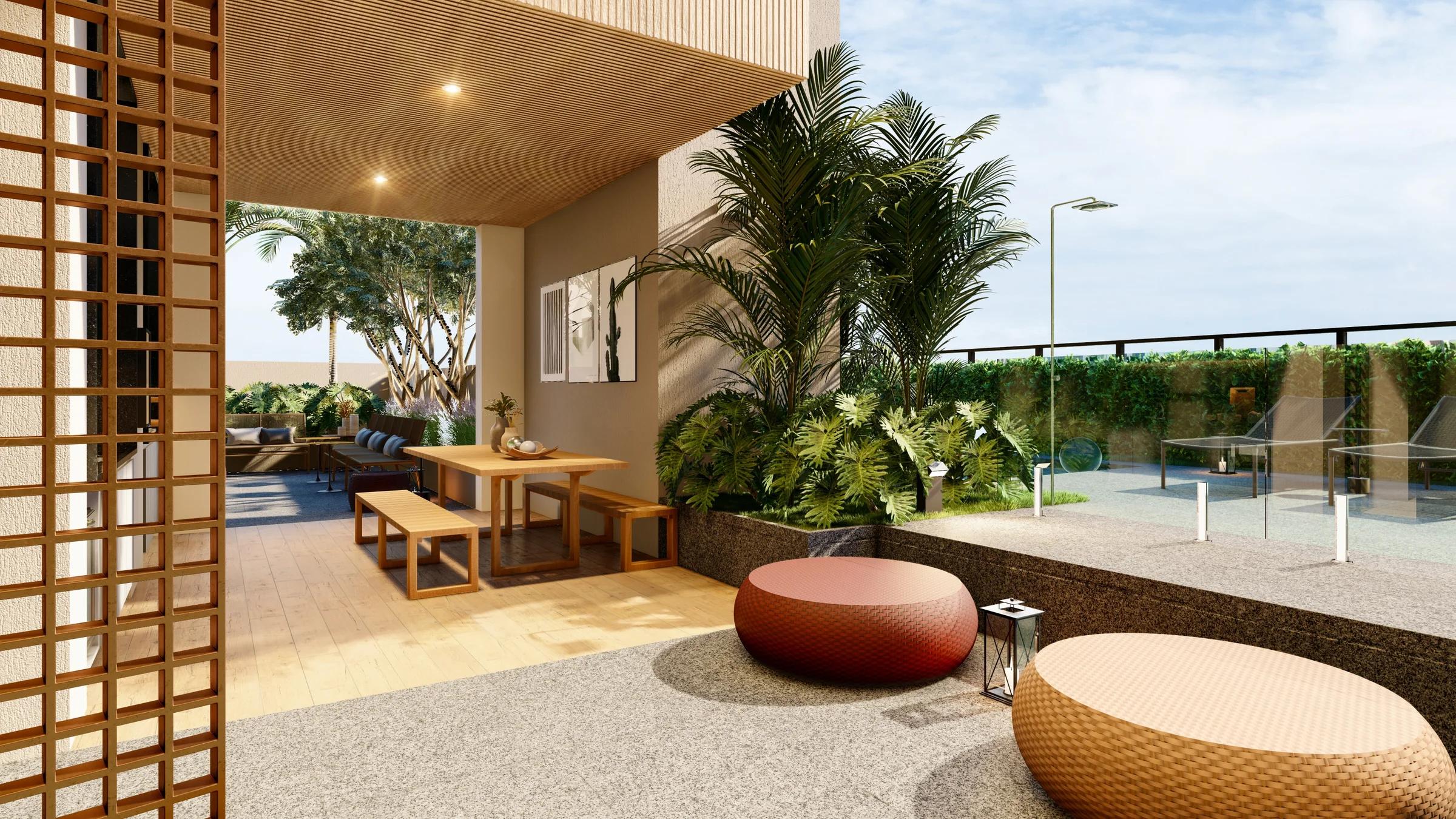 Lounge externo de lazer com pufes redondos, paisagismo, área de churrasqueira coberta e deck da piscina com guarda-corpo de vidro