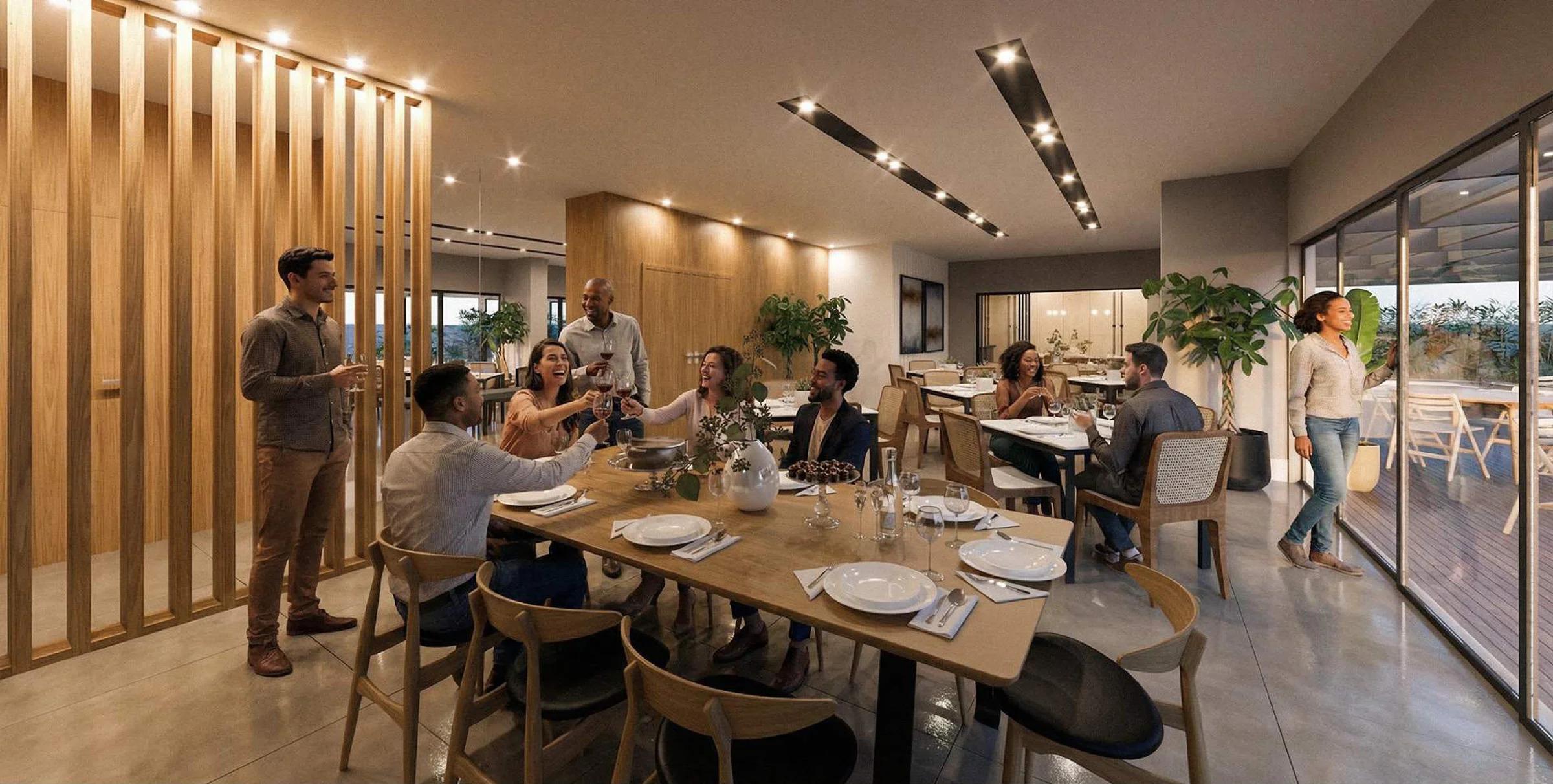 Salão de festas e espaço gourmet com mesas para convidados e painel ripado