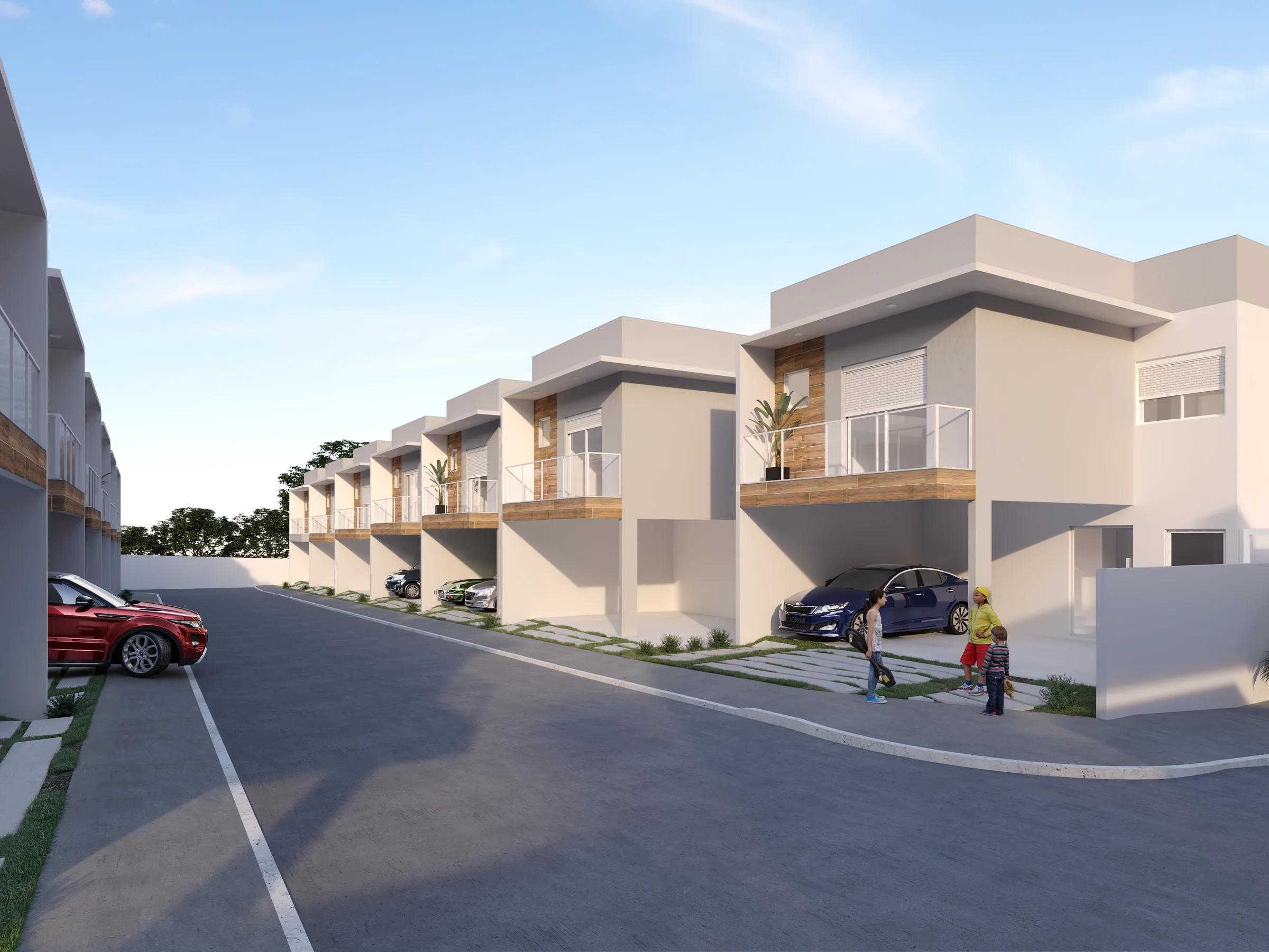 Perspectiva 3D da fachada dos sobrados modernos com garagem para veículos e varanda com guarda-corpo de vidro