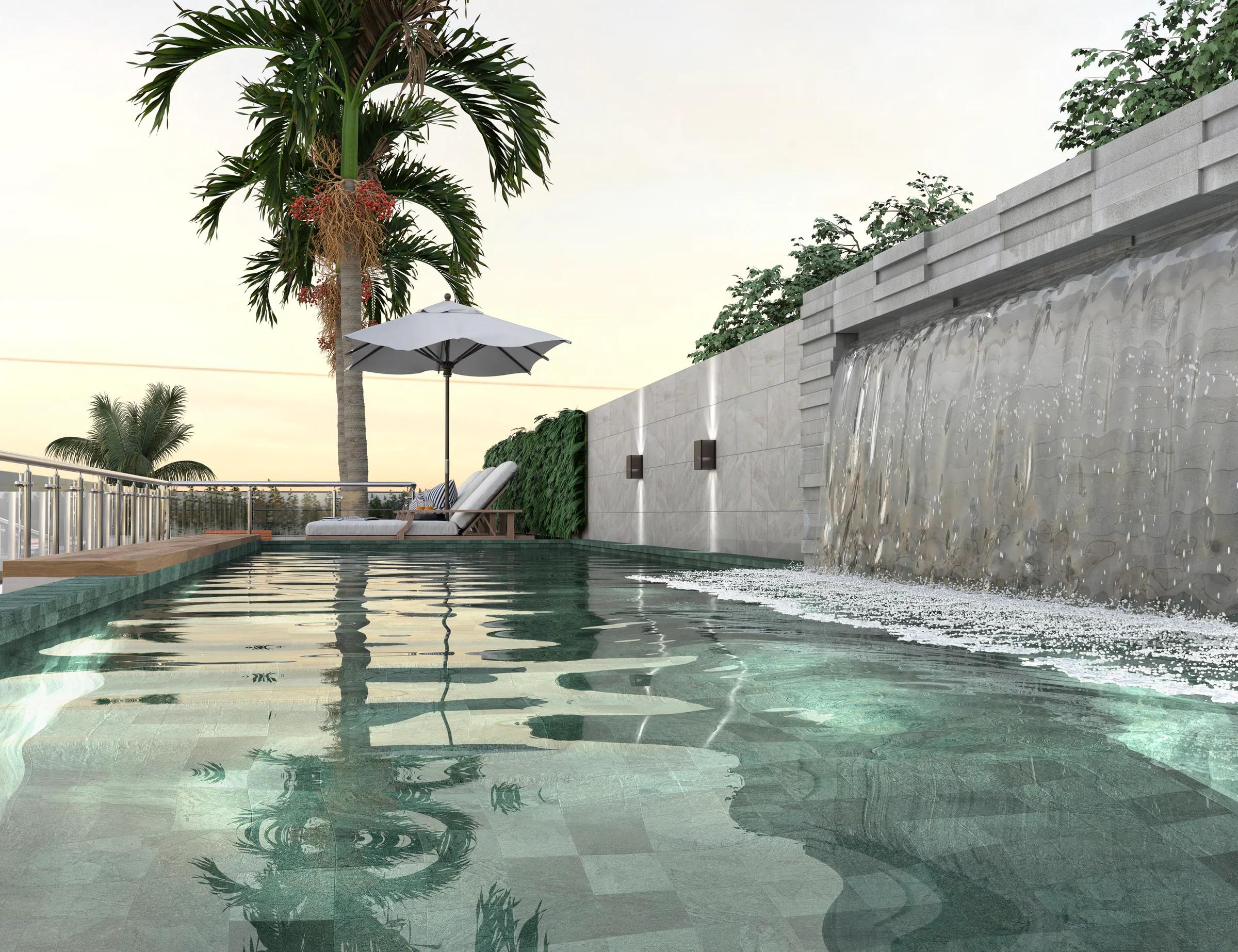 Piscina com borda infinita, cascata e deck de madeira