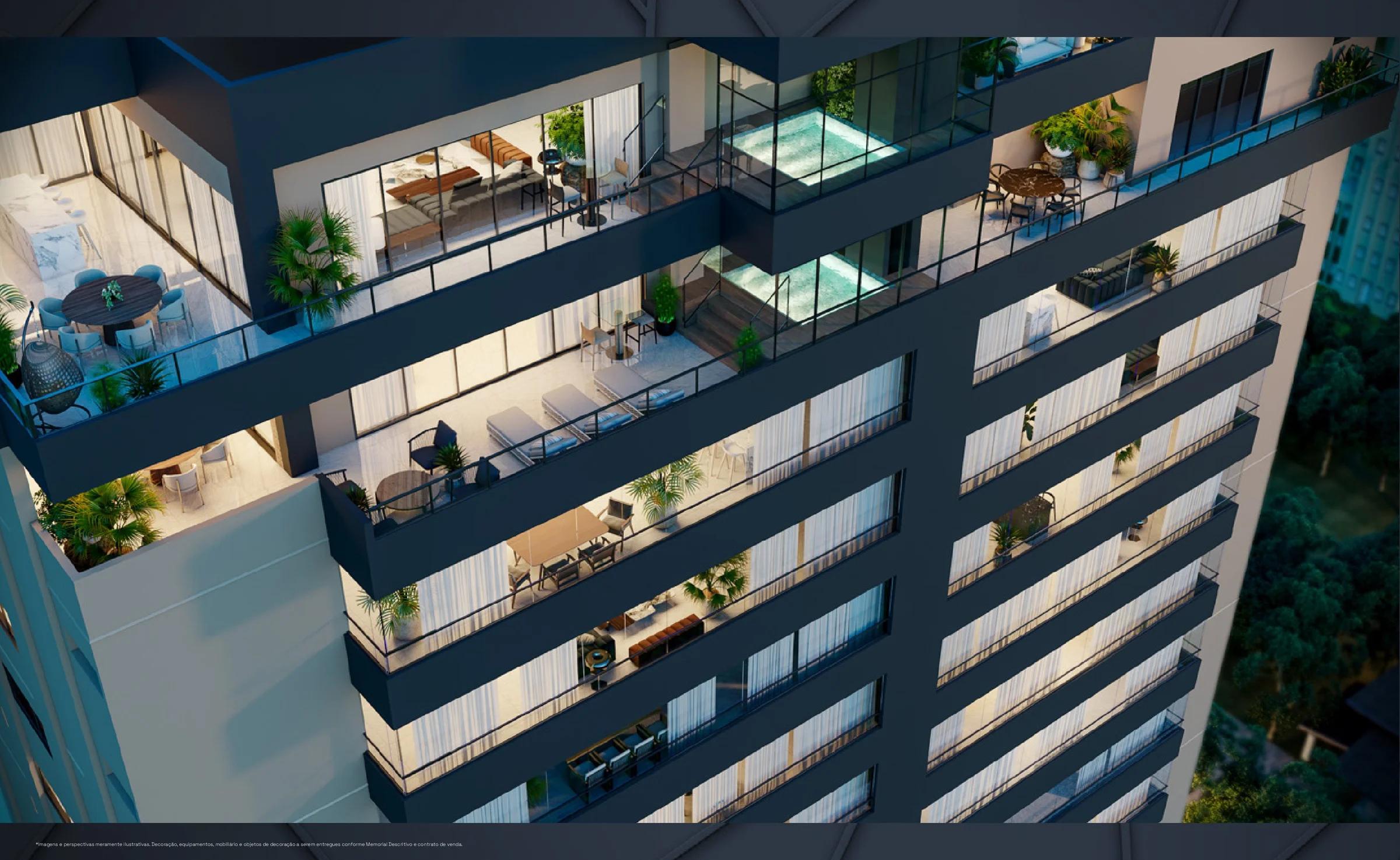 Perspectiva 3D aérea aproximada dos terraços e piscinas privativas da cobertura