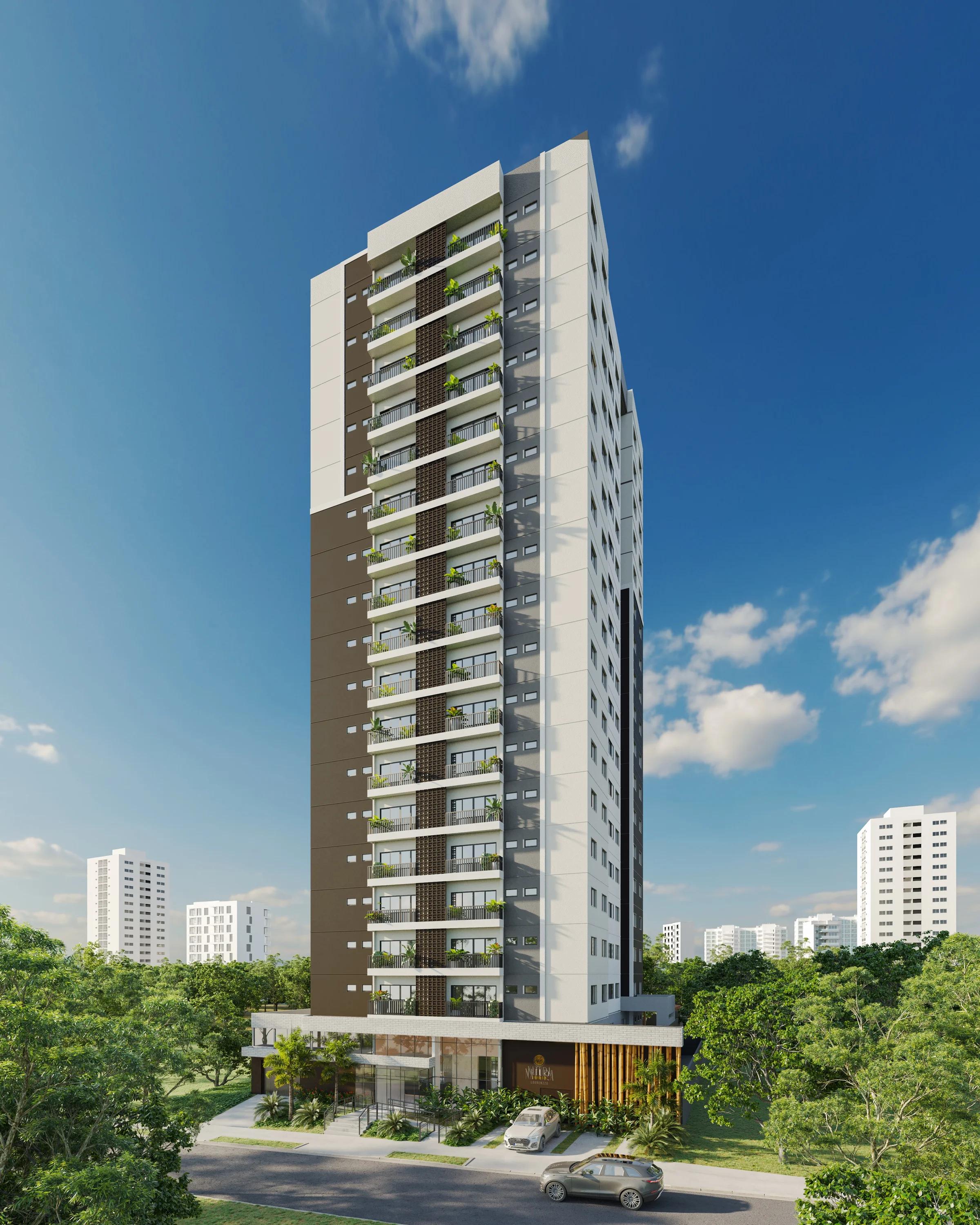 Perspectiva 3D vertical da fachada completa do edifício residencial com varandas e brises