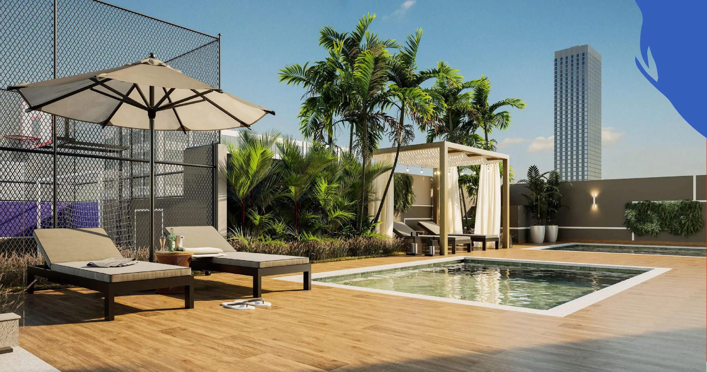 Deck da piscina com espreguiçadeiras, ombrelone e vista para a quadra